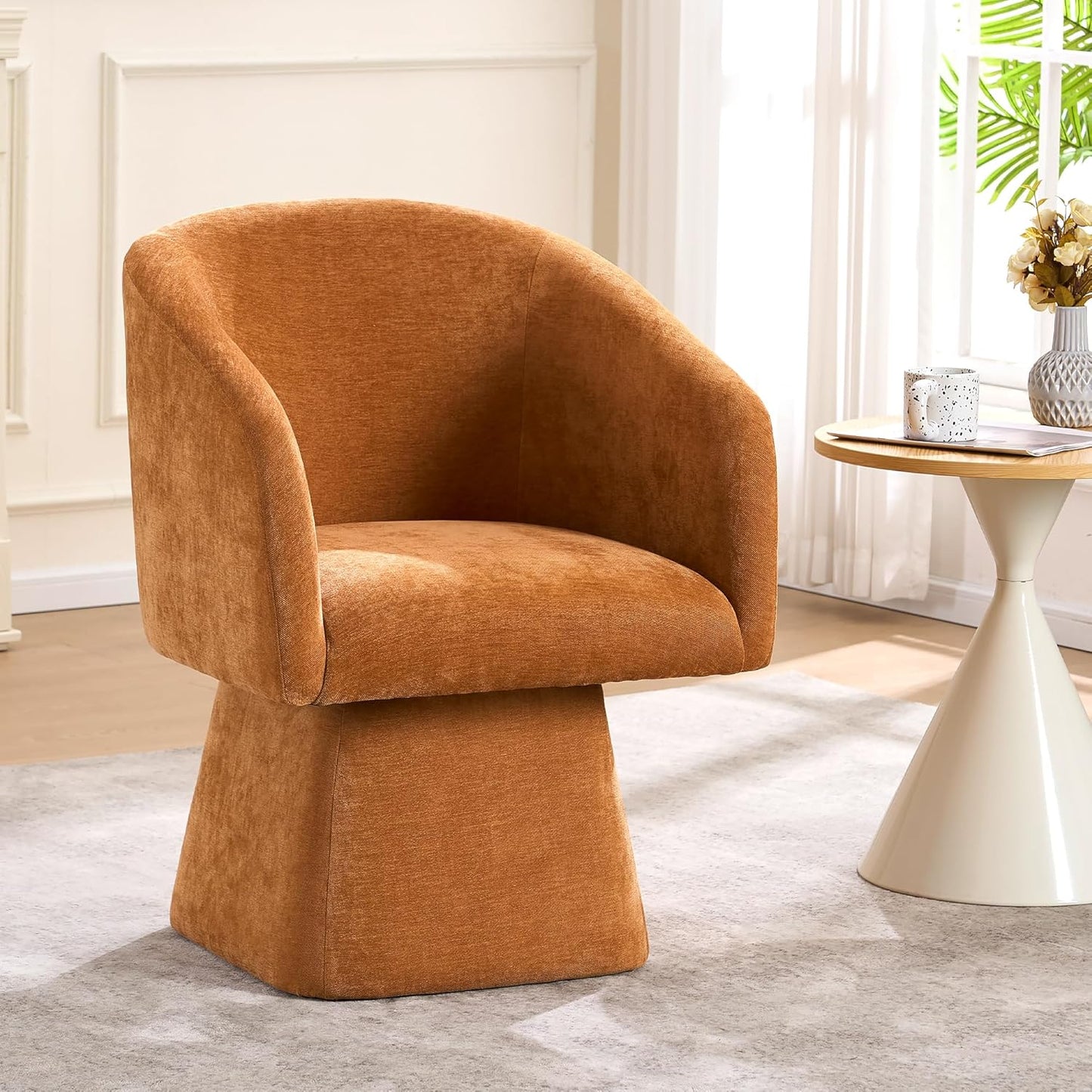Swivel Modern Accent Chair,Luxury Fabric Upholstered Makeup Chair Comfy Barrel Chair with No Wheels,360°Rotating Vanity Armchair for Living Room Bedroom Office (Orange,Set of 2)
