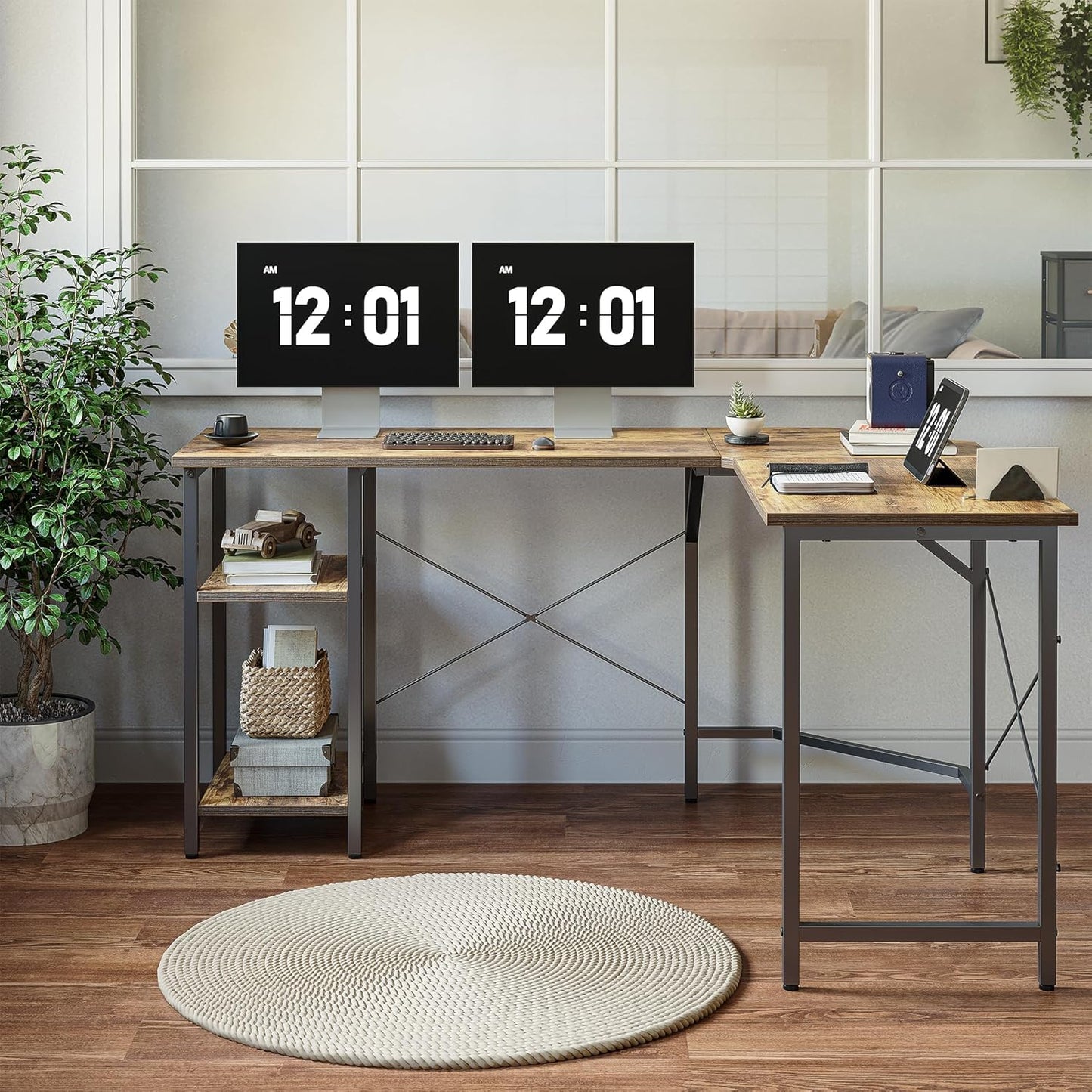BANTI L Shaped Computer Desk, 59" Reversible Corner Desk with Storage Shelves, Home Office Desk for Writing Gaming Study, Rustic Brown