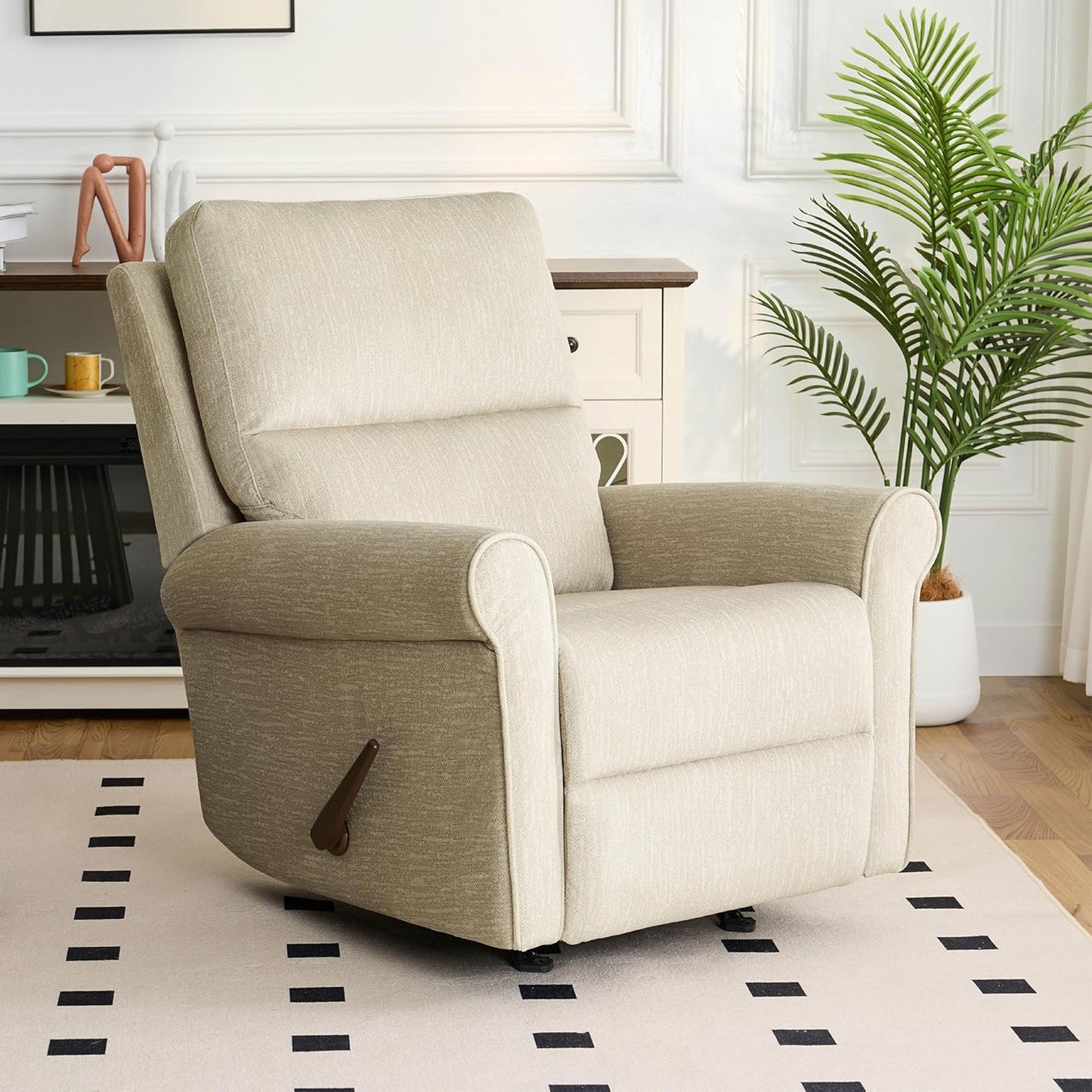 Swivel Rocker Recliner Chair, Manual Rocking Chair with Spring Cushion for Adults, Nursery Recliner with Overstuffed Backrest and Armrests for Living Room, Grey