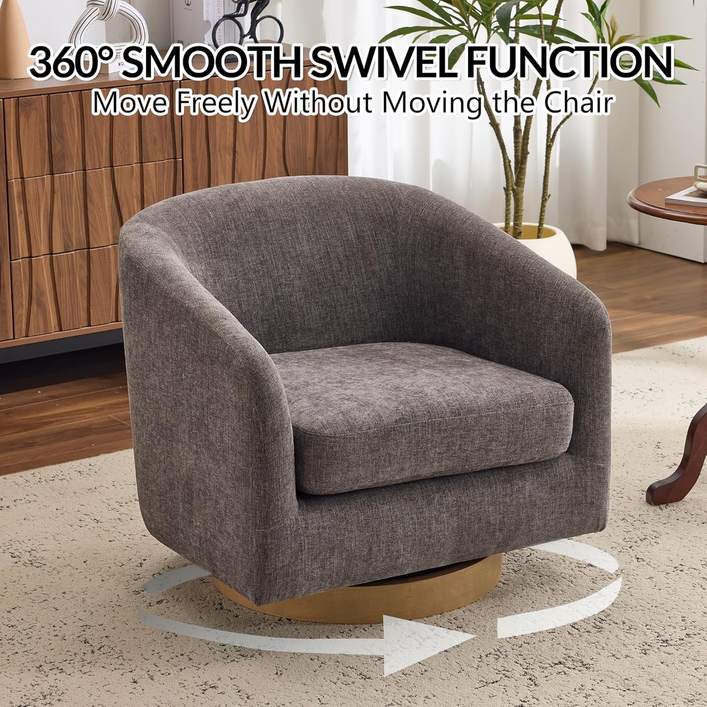 AEDI Swivel Accent Chair with Solid Wood Base, Upholstered Barrel Armchair for Living Room, Modern Small Club Chair,Gray