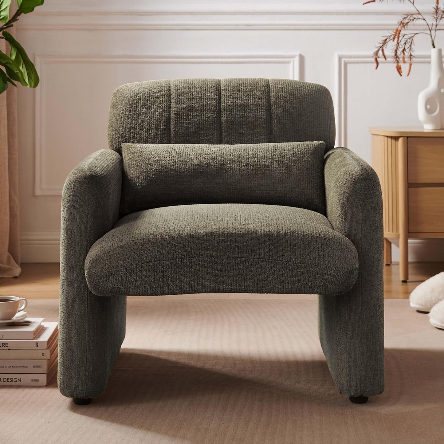 VKNOW Accent Chair Living Room Chair, Modern Fabric Chenille Armed Chair, Comfy Upholstered Armchair with Support Pillow for Living Room Bedroom Office, Light Brown