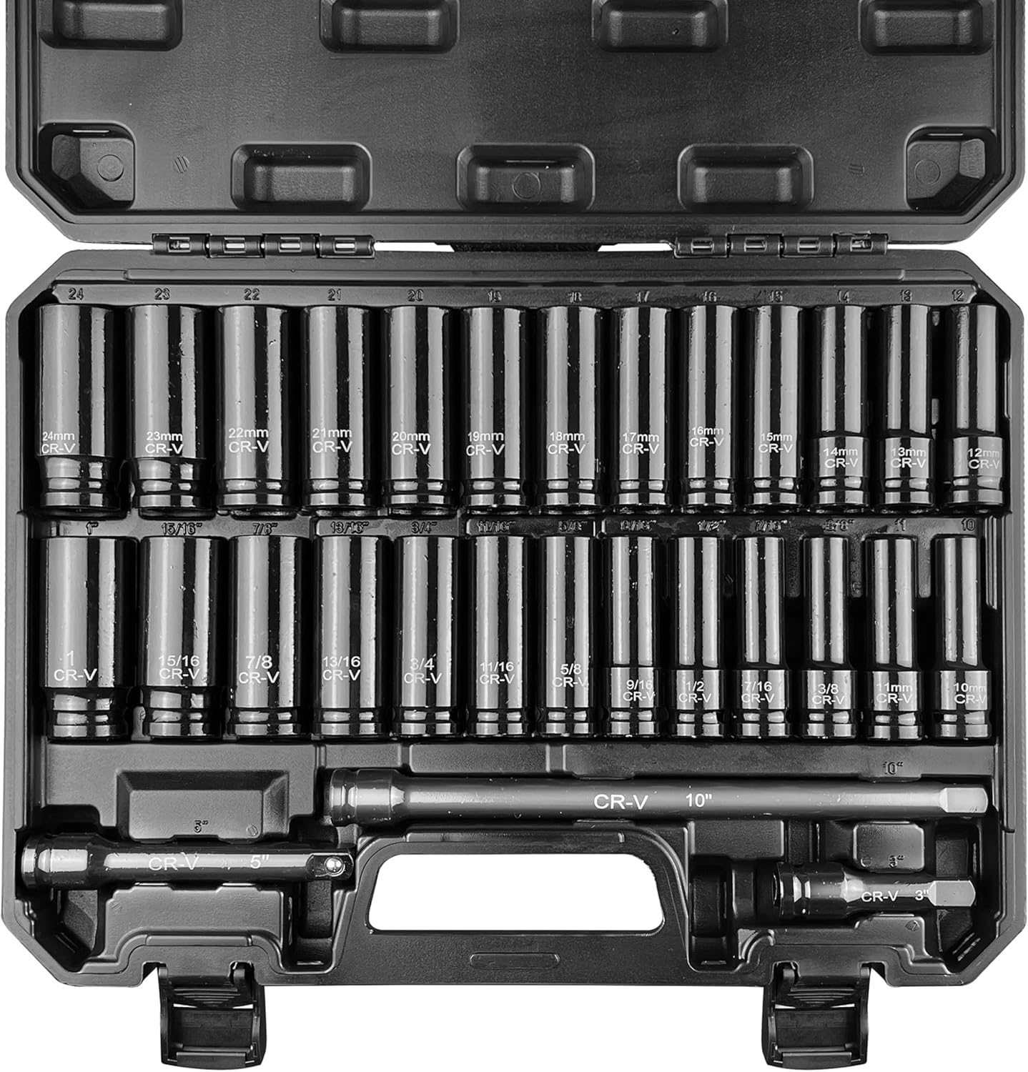 64pcs 3/8" Socket Set,Drive Impact Socket Set, SAE/Metric, Deep & Shallow, Cr-V Steel, 6 Point with Adapters, 72T Ratchet Handle, Extension Bars,Bit Adapter,6-24mm,5/16-1 inch