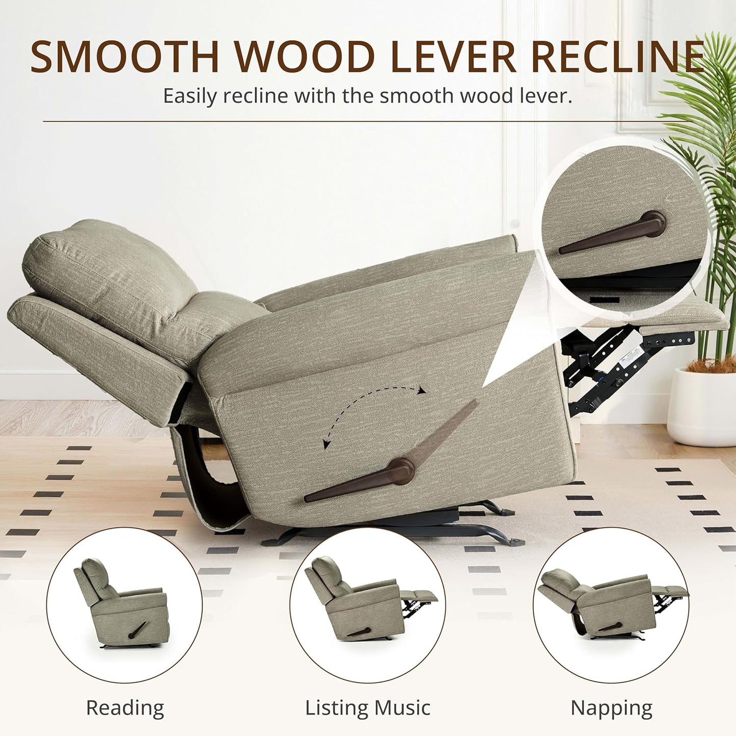 Swivel Rocker Recliner Chair, Manual Rocking Chair with Spring Cushion for Adults, Nursery Recliner with Overstuffed Backrest and Armrests for Living Room, Grey