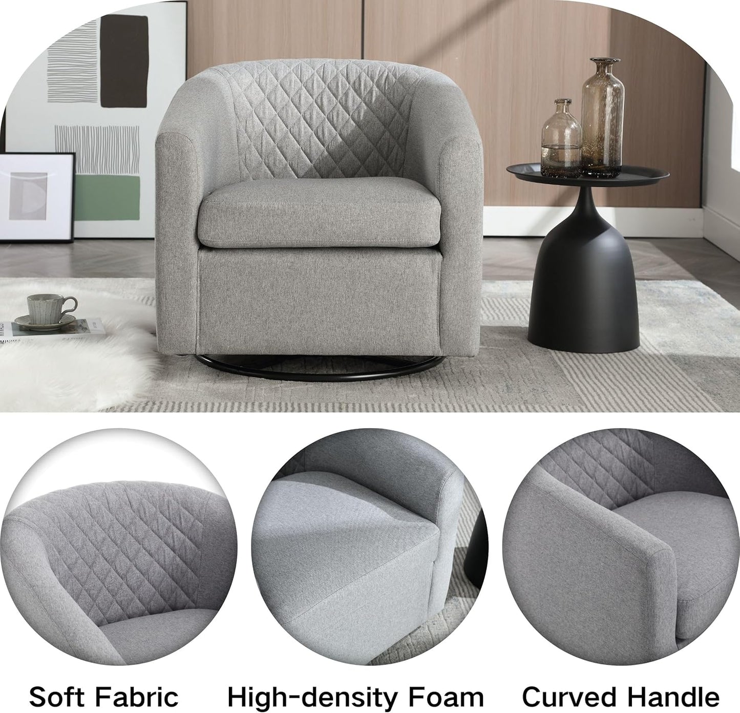 Swivel Rocker Barrel Chairs,Modern 360 Degree Swivel Living Room Chairs,Upholstered Linen Cozy Chair Sofa Chair for Cafe,Bedroom,Office,Grey