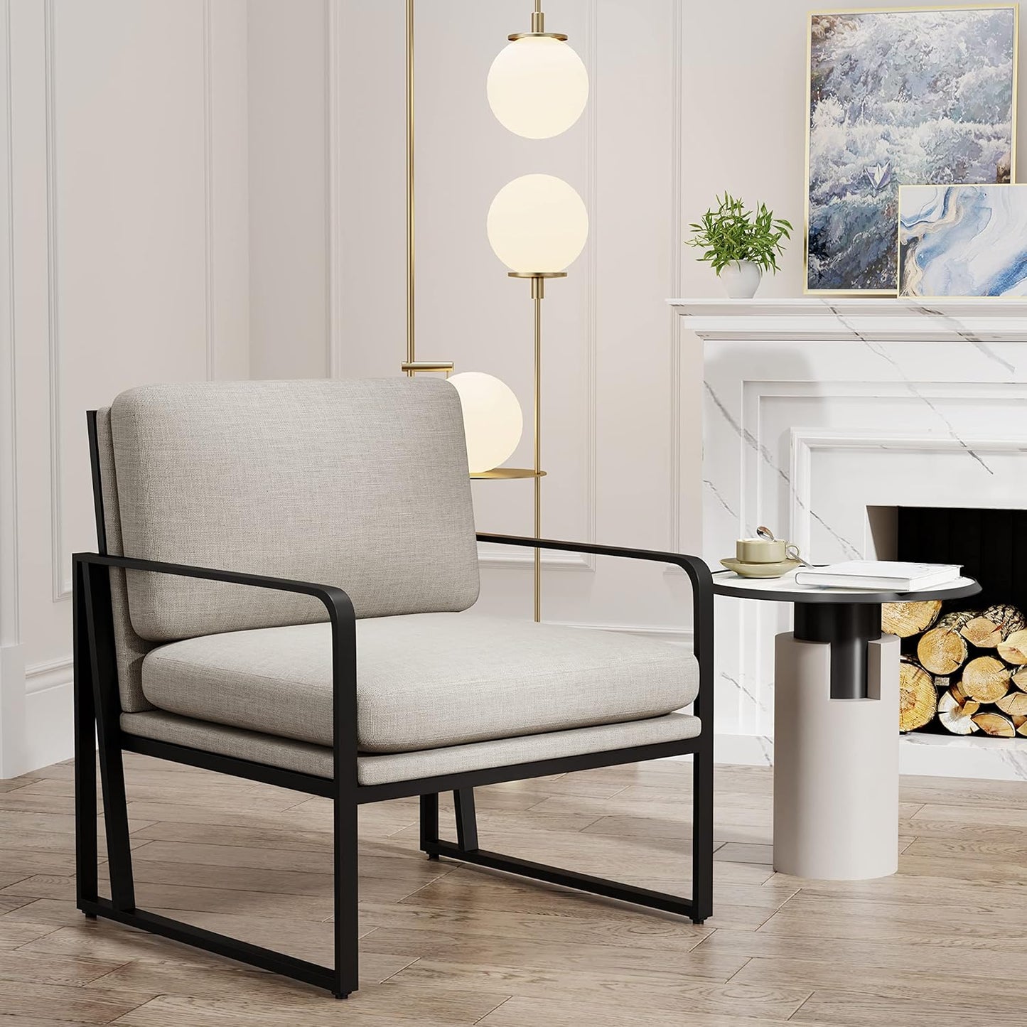 Andeworld Modern Accent Chair Set of 2, Mid Century Living Room Armchair,Upholstered Linen Sofa Side Chair with Metal Legs for Reading,Lounging,Bedroom Apartment, Light Grey 2