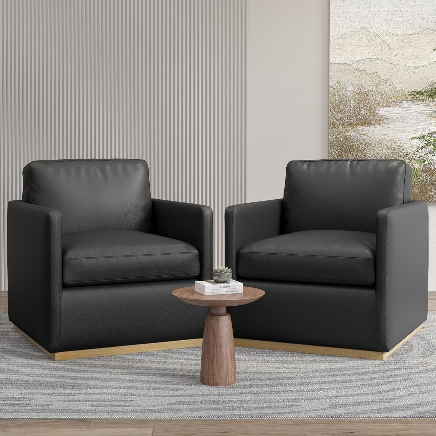 Swivel Barrel Chair, Premium Comfy Round Accent Chair for Living Room, Mid Century Modern Reading Chair for Adults, Armchair for Small Spaces, Bedroom Side Chairs for Home/Office/Leather Black
