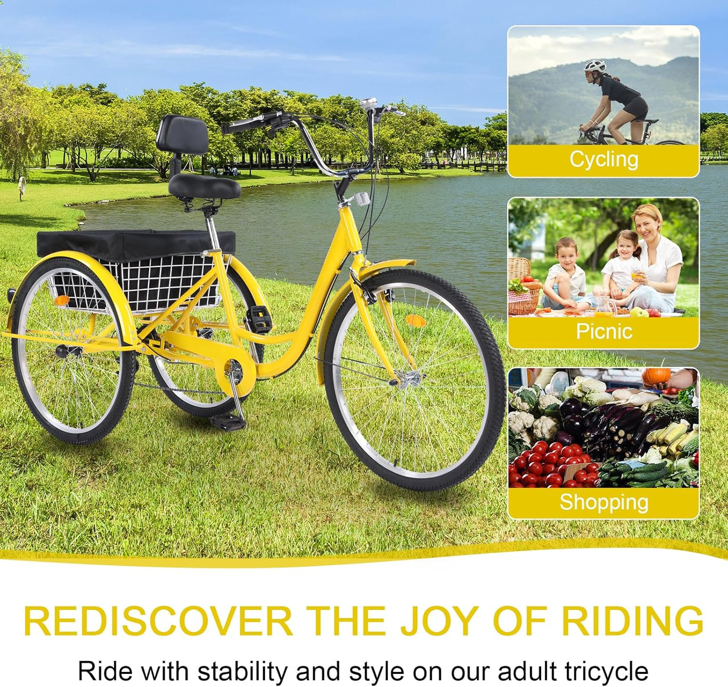 Adult Tricycle Bike 7 Speed, 24/26 Inch 3 Wheel Bikes Tricycle for Adults, Adult Trike for Women/Men/Seniors, Cruiser Bike w/Rear Basket for Shopping/Recreation/Picnic
