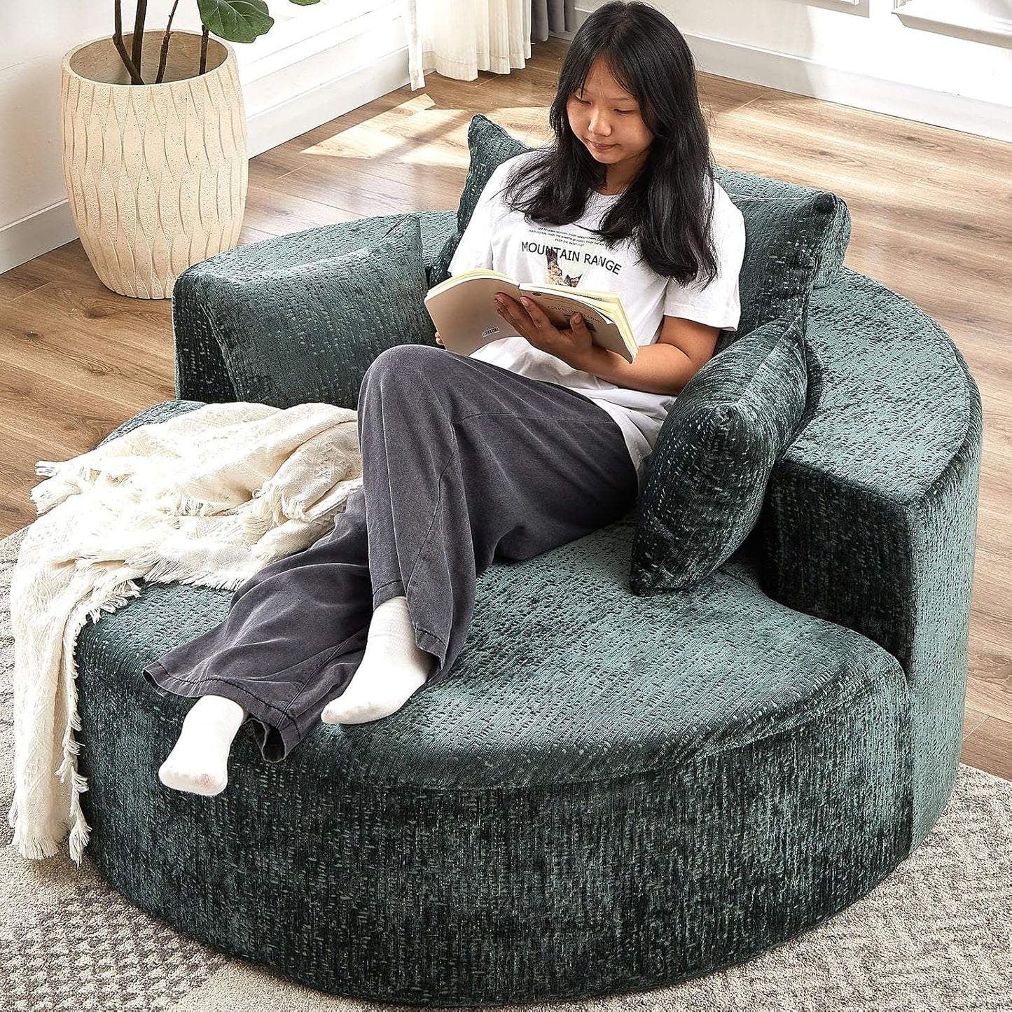 55" L Corduroy Sponge Single Sofa, Oversized Round Chair, Fluffy Modern Sleeper Chairs for Living Room, Lounge and Projection Room, Wide Armrest Lounge Chairs, Armchair with Pillow White