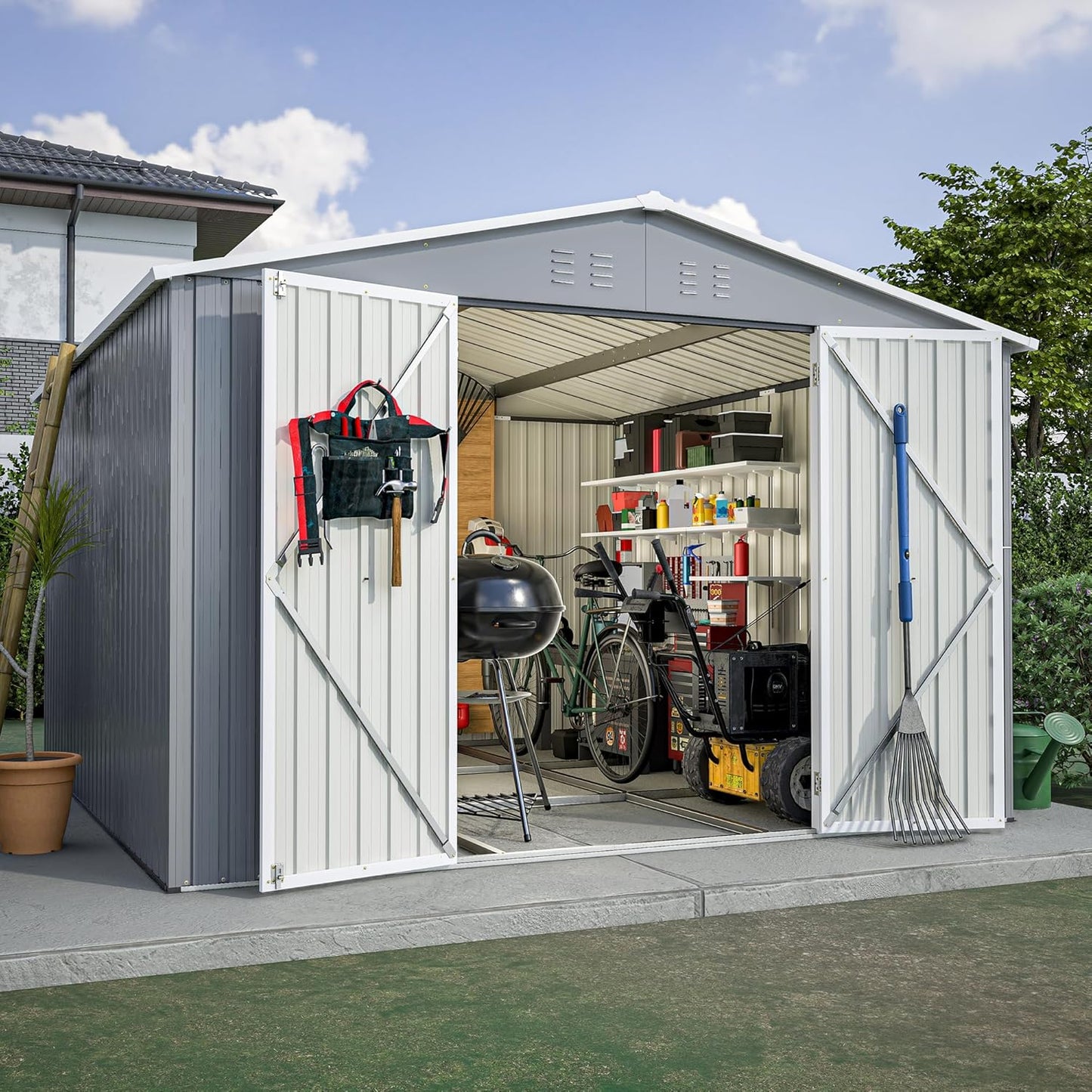 4×8 FT Outdoor Metal Storage Shed,Heavy-Duty Lean to Storage Shed with Floor Base,Garden Tool Metal Storage House W/Lockable Door and 2 Air Vents,Weather Resistant,for Backyard,Patio,Lawn,Black