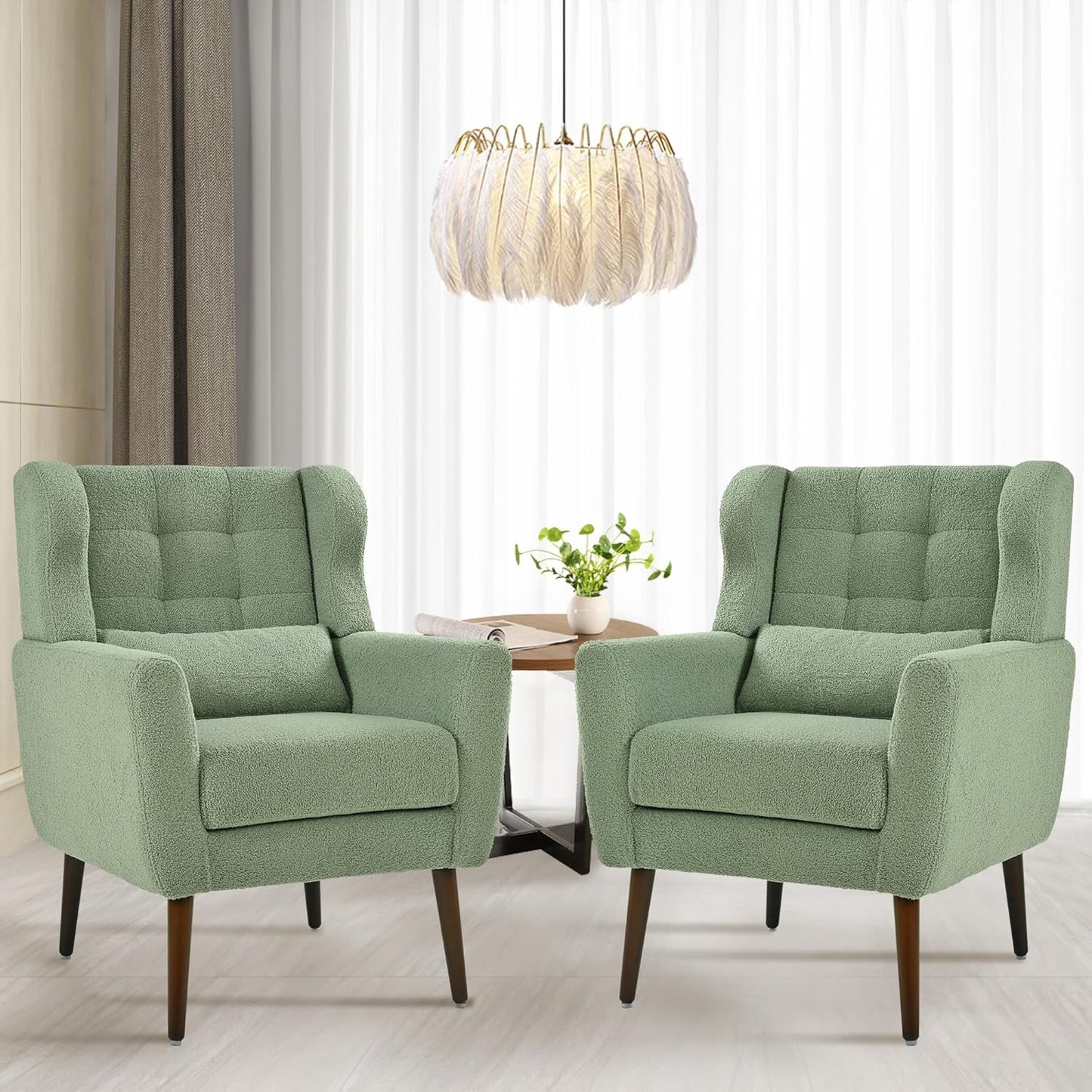 Accent Chair Set of 2, Upholstered Armchair with Pillow, Fabric Single Sofa Chair with Lounge Seat and Wood Legs Accent Chair for Living Room Small Spaces (Grey, Set of 2)