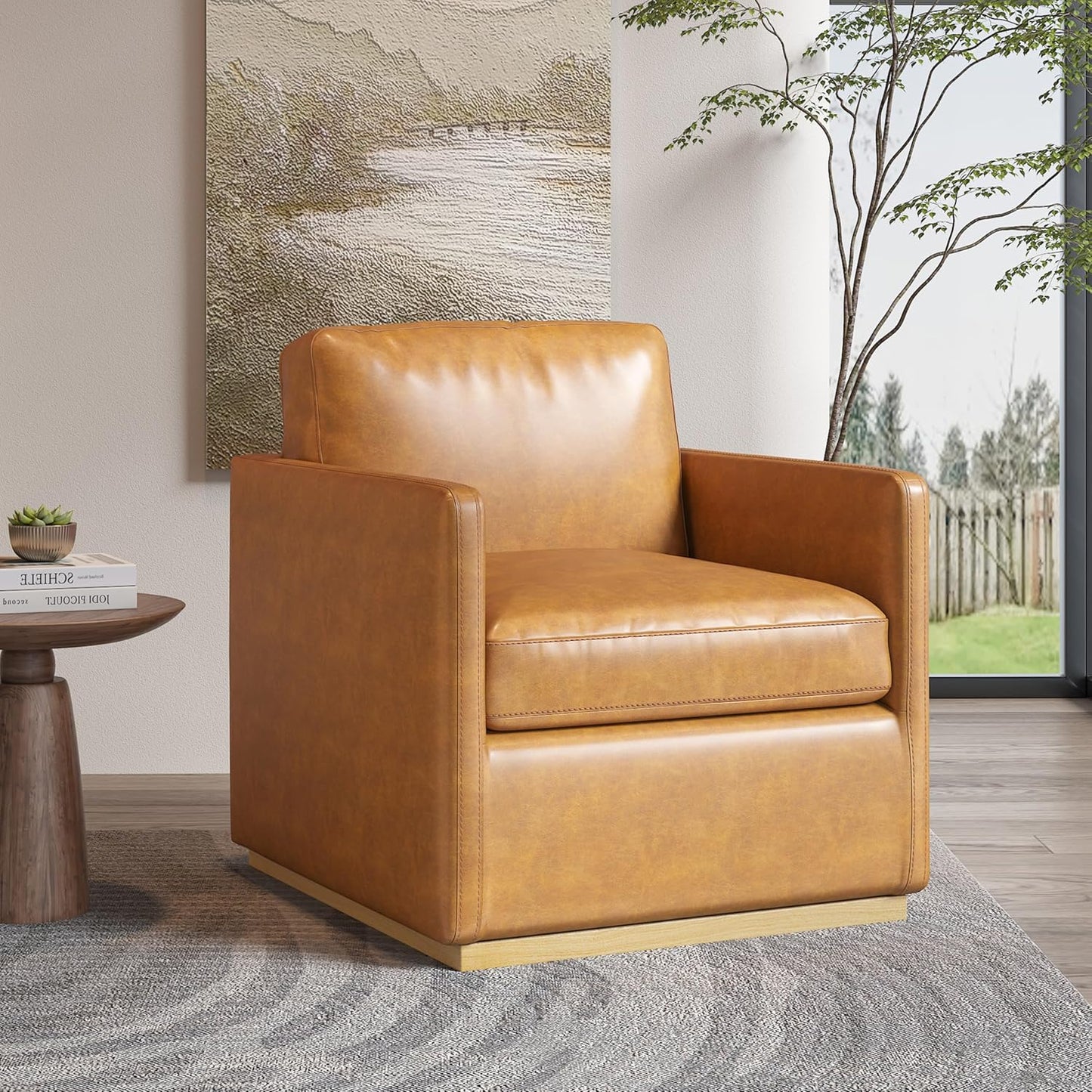 Swivel Barrel Chair, Premium Comfy Round Accent Chair for Living Room, Mid Century Modern Reading Chair for Adults, Armchair for Small Spaces, Bedroom Side Chairs for Home/Office/Leather Black