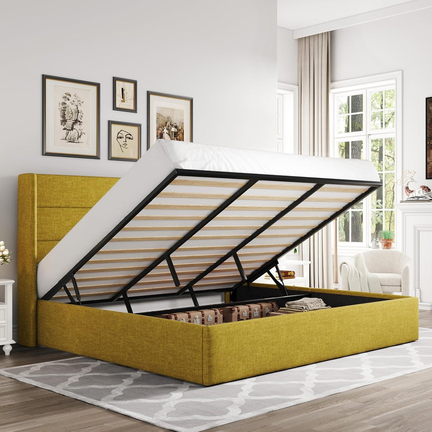 Allewie King Size Lift Up Storage Bed, Modern Wingback Headboard, Hydraulic Support, No Box Spring Needed, Light Beige