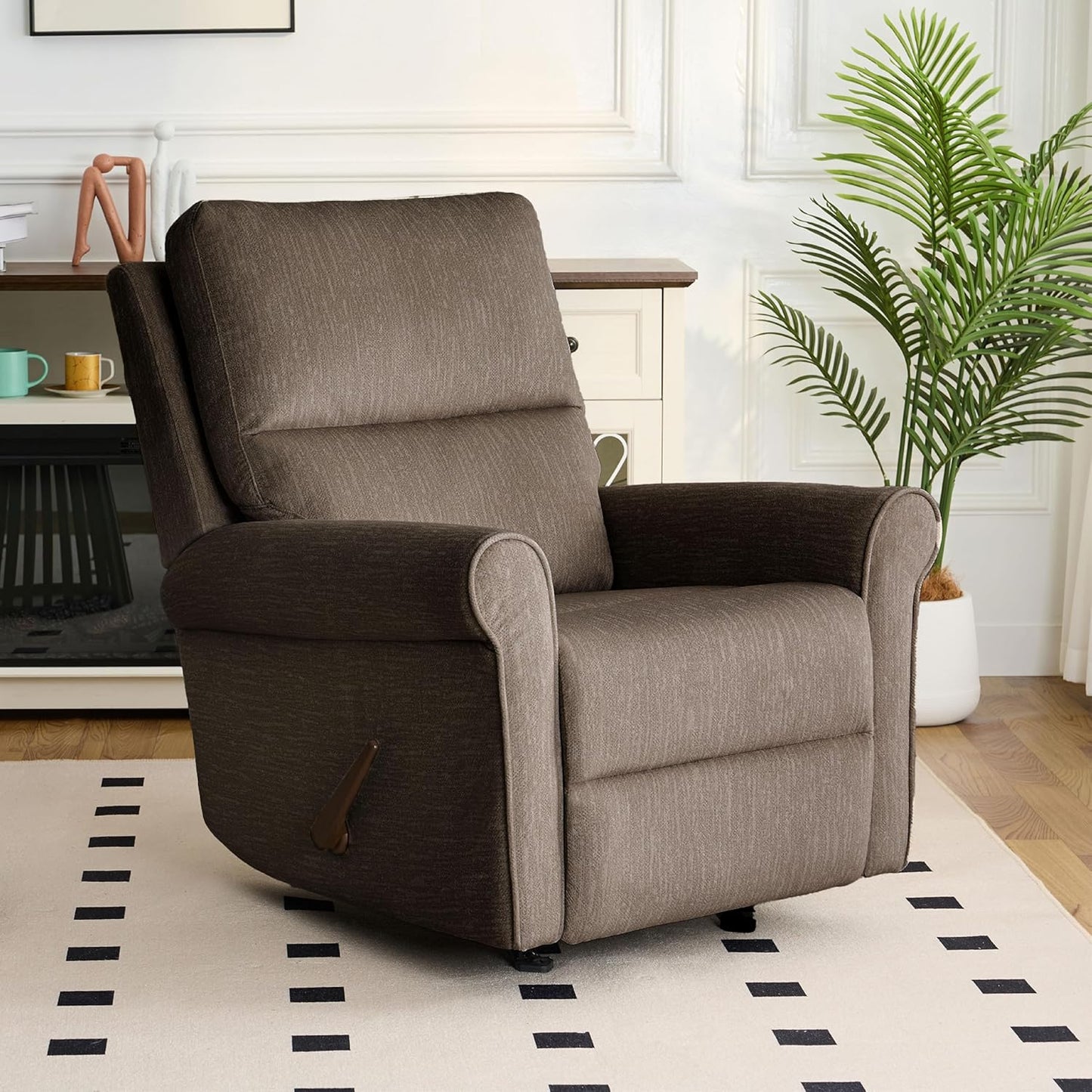 Swivel Rocker Recliner Chair, Manual Rocking Chair with Spring Cushion for Adults, Nursery Recliner with Overstuffed Backrest and Armrests for Living Room, Grey
