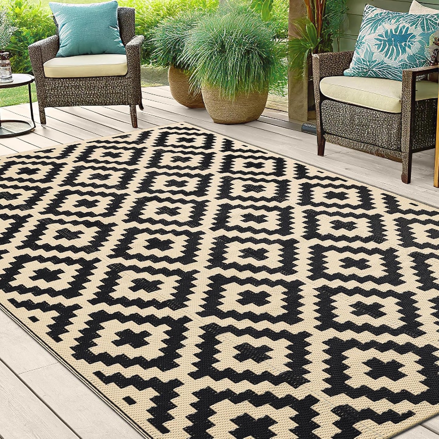 Smiry Waterproof Outdoor Rug 5x8 ft, Reversible Plastic Straw Patio Camping Rugs, Outdoor Indoor RV Mat Carpet for Patio, Outside Entry, Backyard, Deck, Bench, Picnic, Camper, Black & Beige