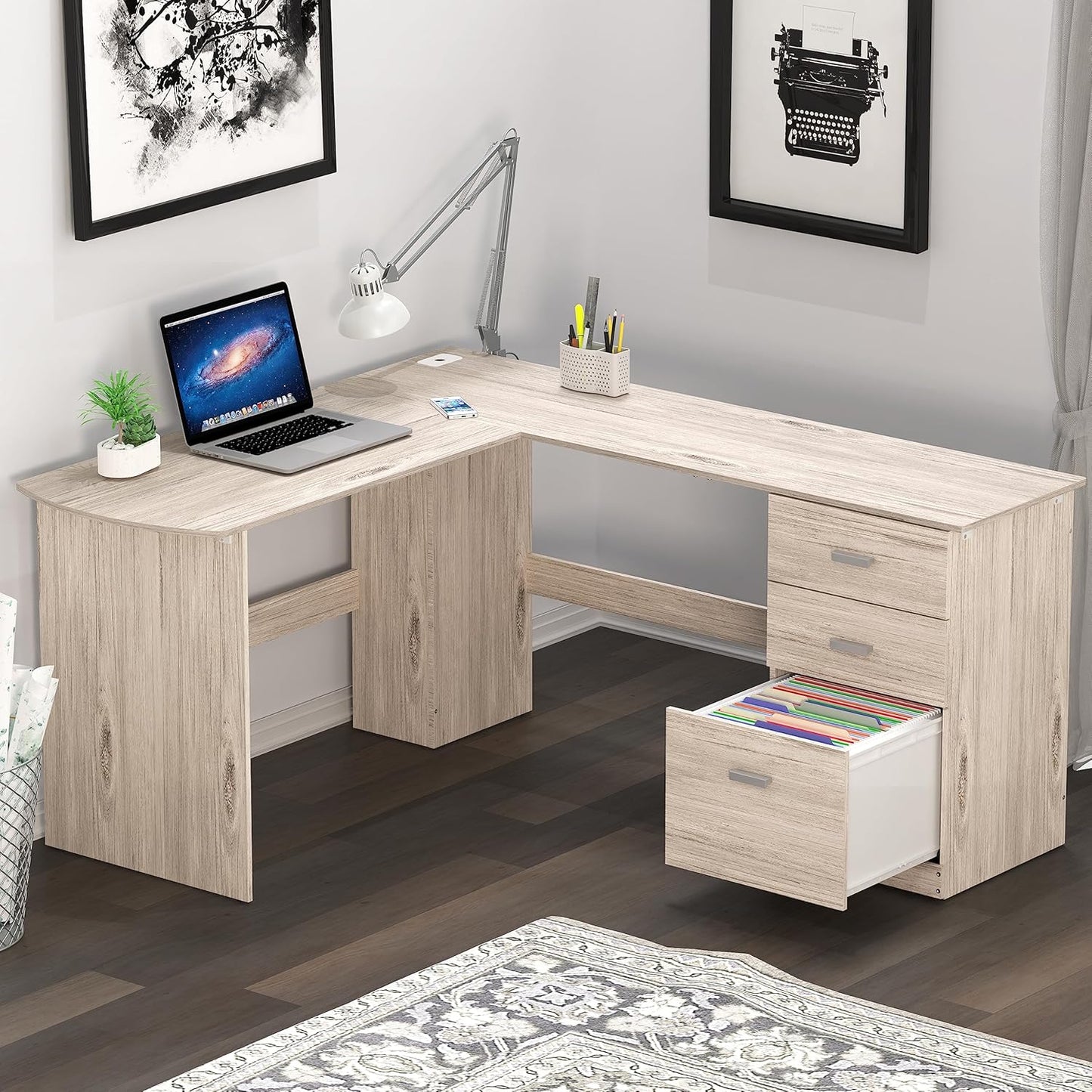SHW 51 x 59 Inches L-Shaped Home Office Wood Corner Desk with Box Box File Drawers, Black