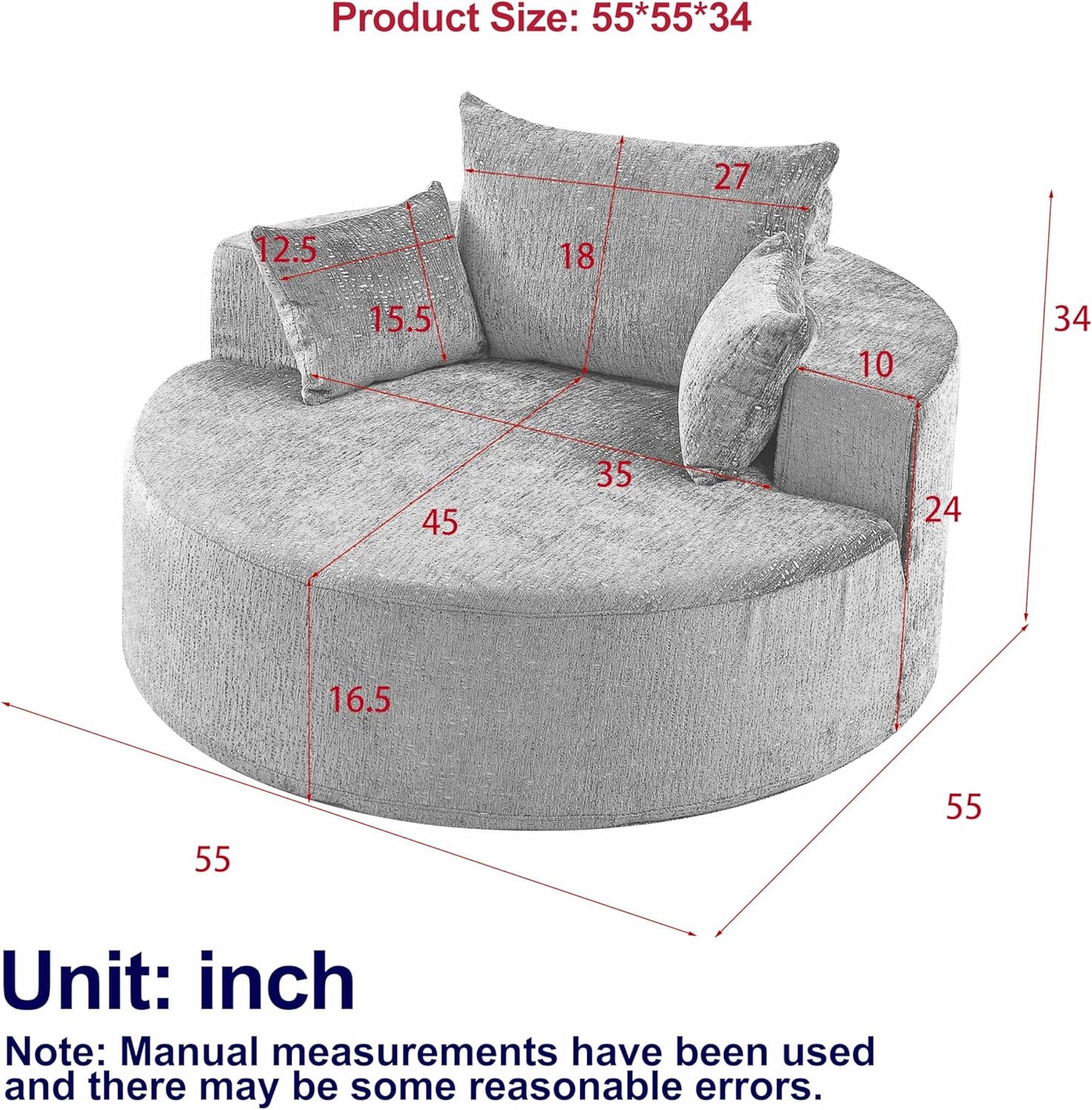 Ball & Cast 55" Oversized Accent Chair, Modern Chenille Single Sofa Sleeper with Wide Armrest and Pillows, Round Lounger Chair for Living Room, Bedroom,Projection Room,No Assembly Required,Beige