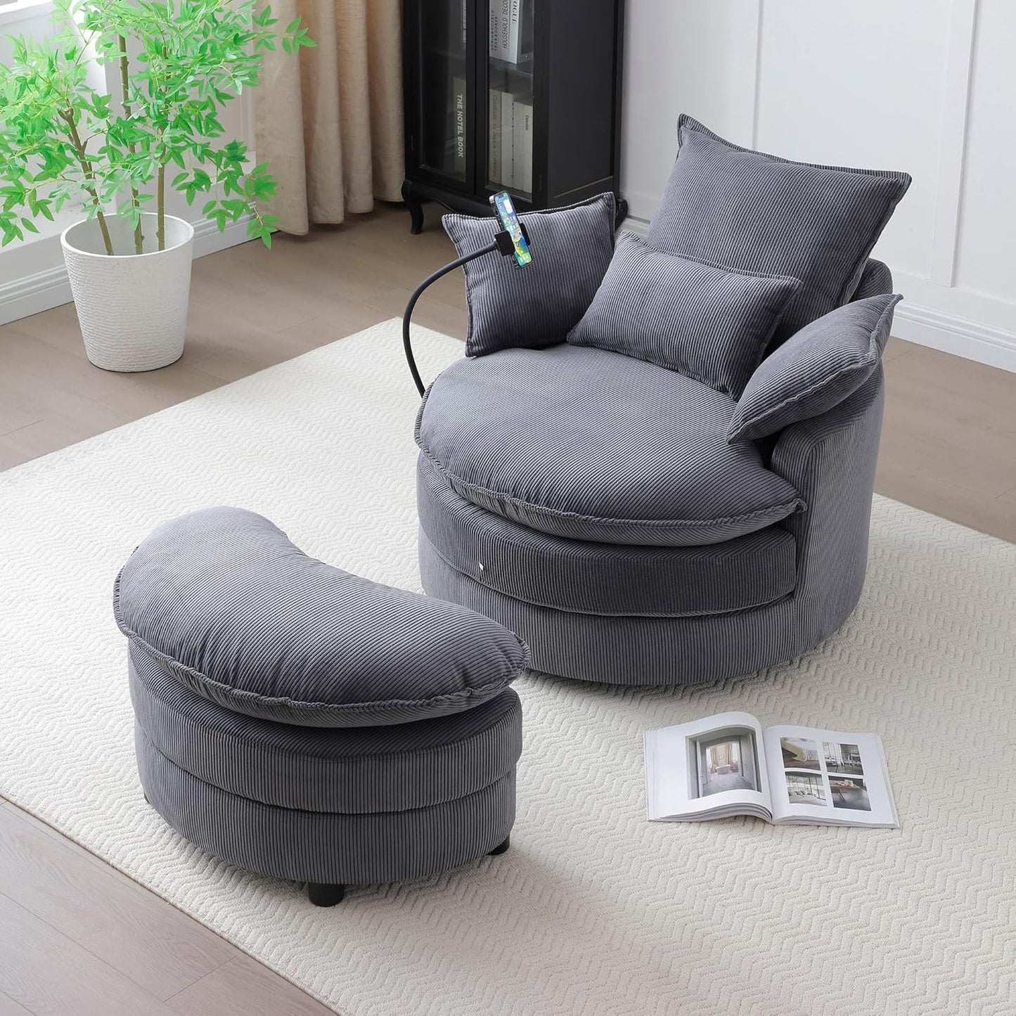 Swivel Barrel Chairs with Ottoman and Gooseneck Phone Holder, Upholstered Accent Swivel Chair with Storage Footrest for Living Room Bedroom Office Studio Ivory White