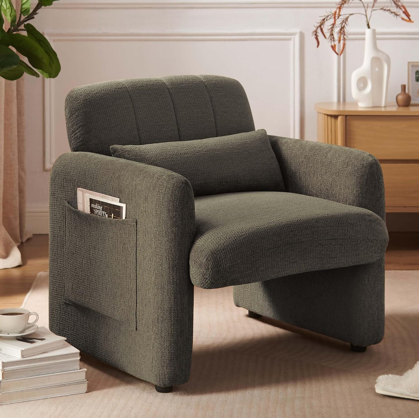 VKNOW Accent Chair Living Room Chair, Modern Fabric Chenille Armed Chair, Comfy Upholstered Armchair with Support Pillow for Living Room Bedroom Office, Light Brown
