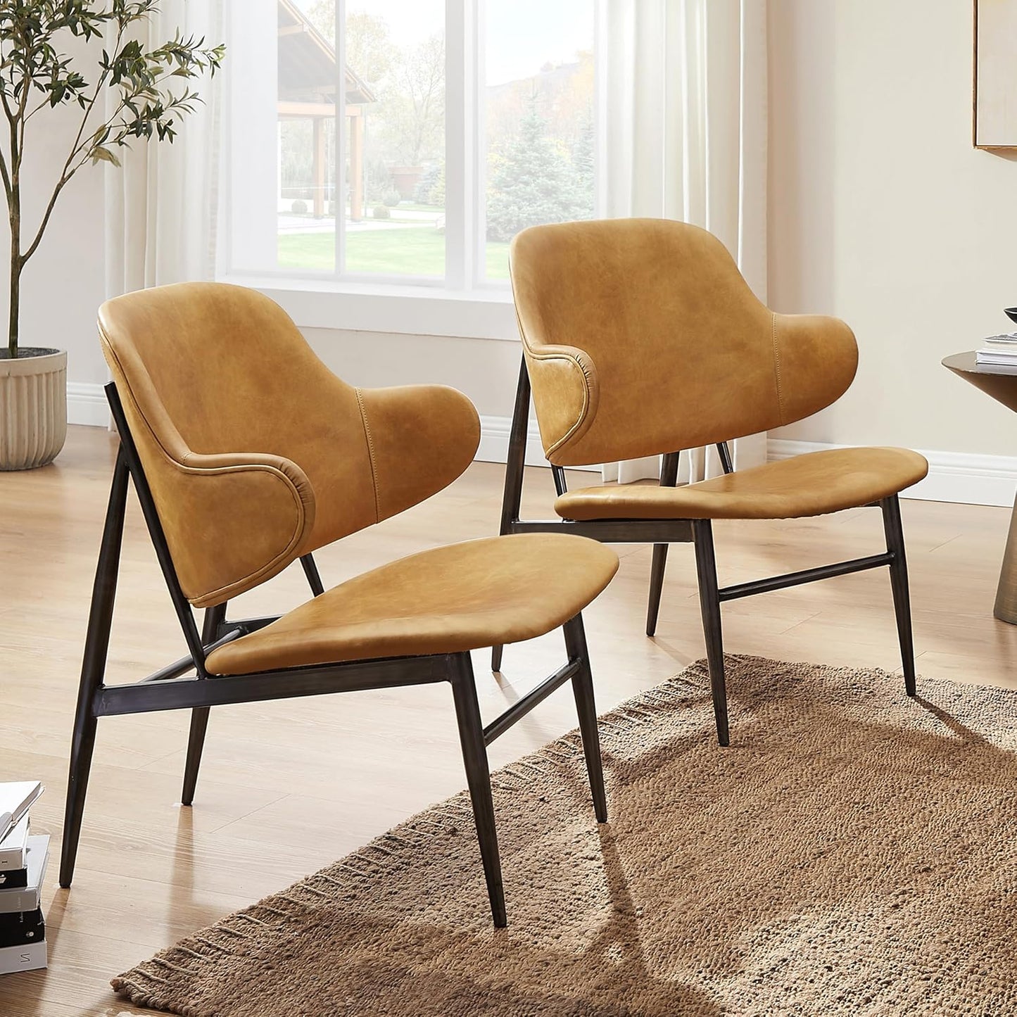 Art Leon Genuine Leather Accent Chair, Mid Century Modern Side Chair with Black Metal Frame, Upholstered Arm Chair for Living Room Bedroom, Light Brown