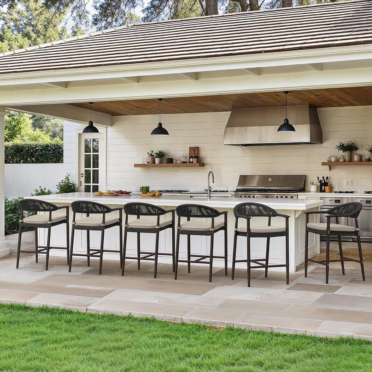 Bar Stools Set of 4, 24.8'' Aluminum Outdoor Bar Stool with Removable Cushion, Boho Rattan BarStools, Olefin Rope Woven Bar Chairs with Footrest for Patio, Garden, Pool, Kitchen, Black