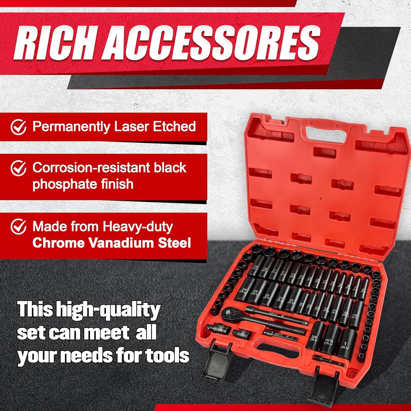 64pcs 3/8" Socket Set,Drive Impact Socket Set, SAE/Metric, Deep & Shallow, Cr-V Steel, 6 Point with Adapters, 72T Ratchet Handle, Extension Bars,Bit Adapter,6-24mm,5/16-1 inch