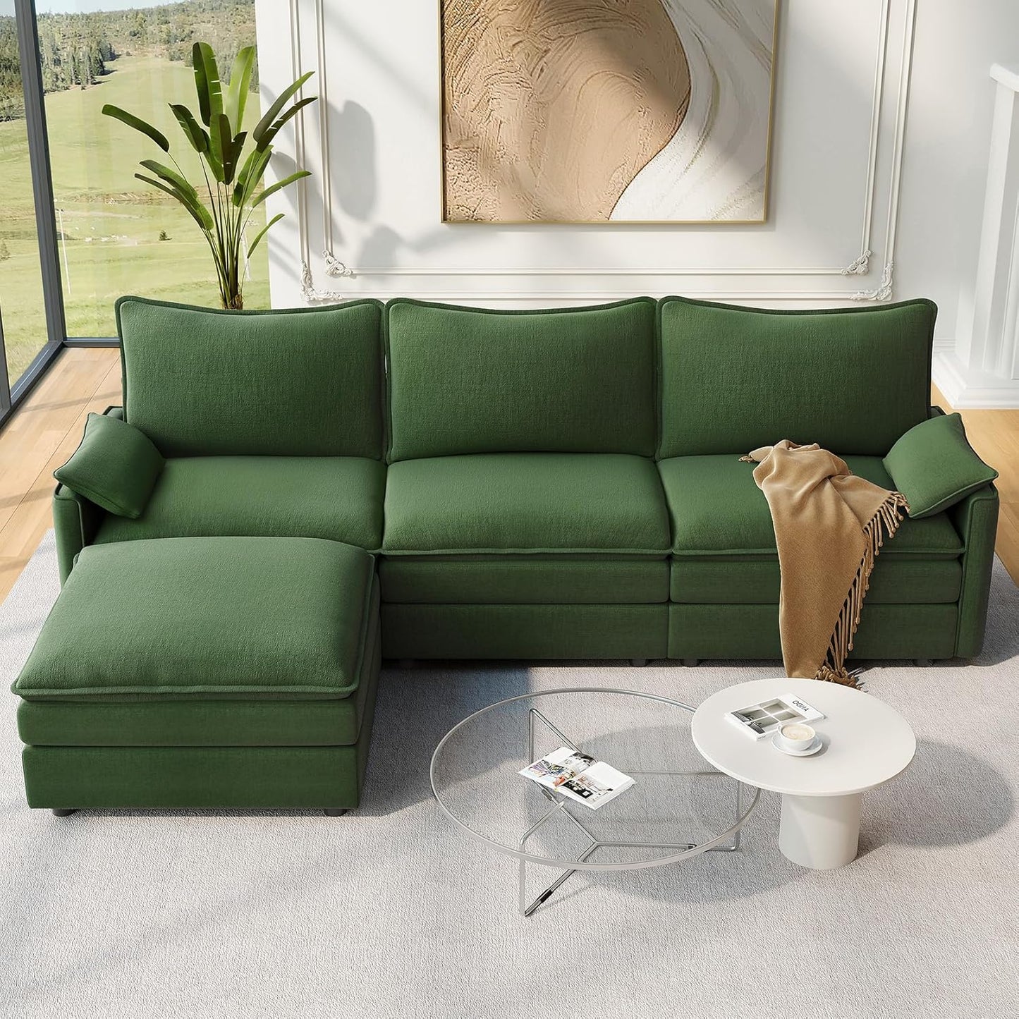 Vesgantti 108" Modular Sectional Sofa, Comfy Cloud Couch with Movable Ottoman Deep Seat Chenille L Shaped Modular Sofa, Sectional Couches for Living Room, Bedroom and Apartment, Beige