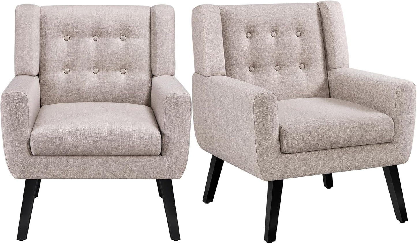 Topeakmart Armchair, Button Tufted Accent Chair with Solid Wood Legs, Linen Fabric Upholstered Barrel Chair Leisure for Living Room Office Bedroom Home Office, Beige, 2pcs