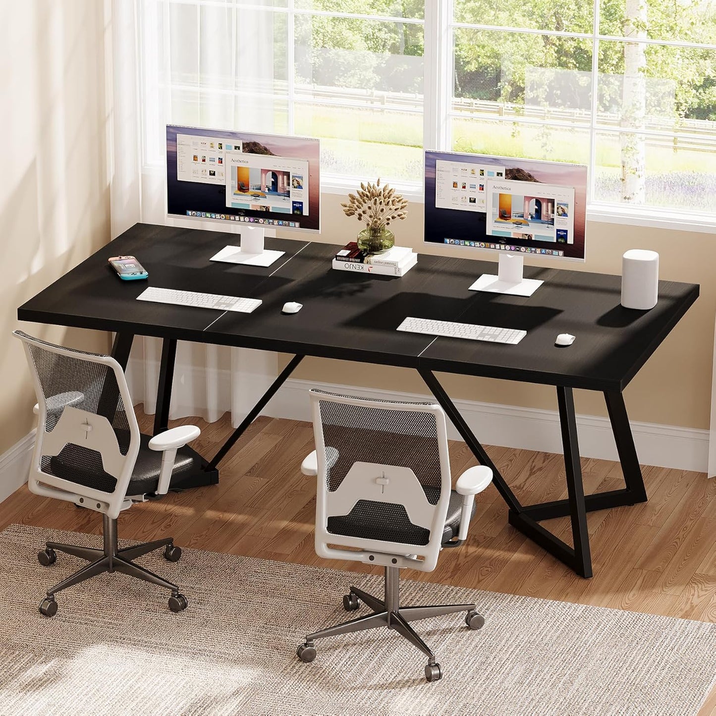 Tribesigns 70.86-Inch Large Executive Desk, Modern Computer Office Desk Workstation with Metal Frame, Rectangular Laptop Desk Study Writing Table for Home Office (Black)