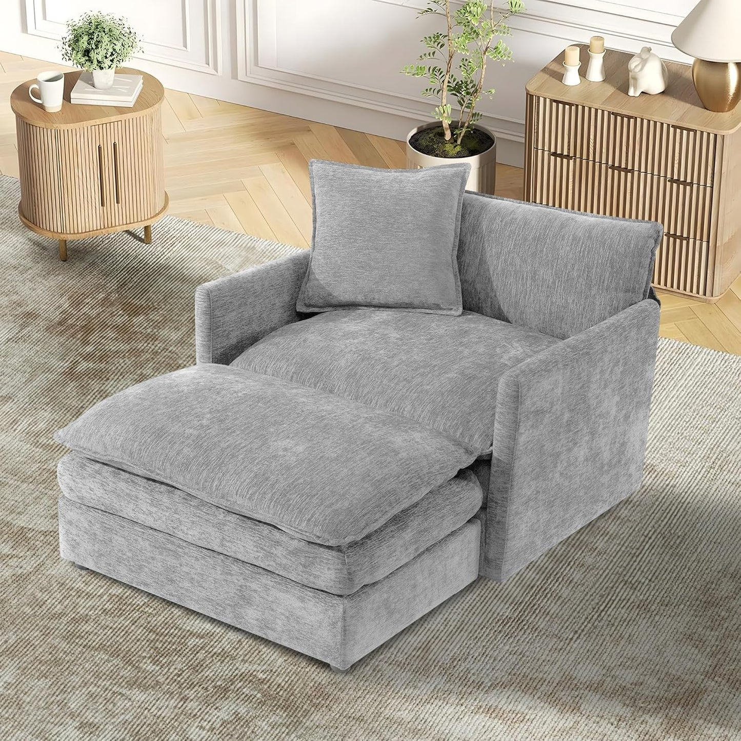 TTK Oversized Corduroy Chaise Lounge Chair with Ottoman - 46.9" Wide Modern Sleeper Sofa for Living Room, Bedroom & Office - Deep Seat Sectional Couch with Pillow, Comfortable Reading Chair, Beige