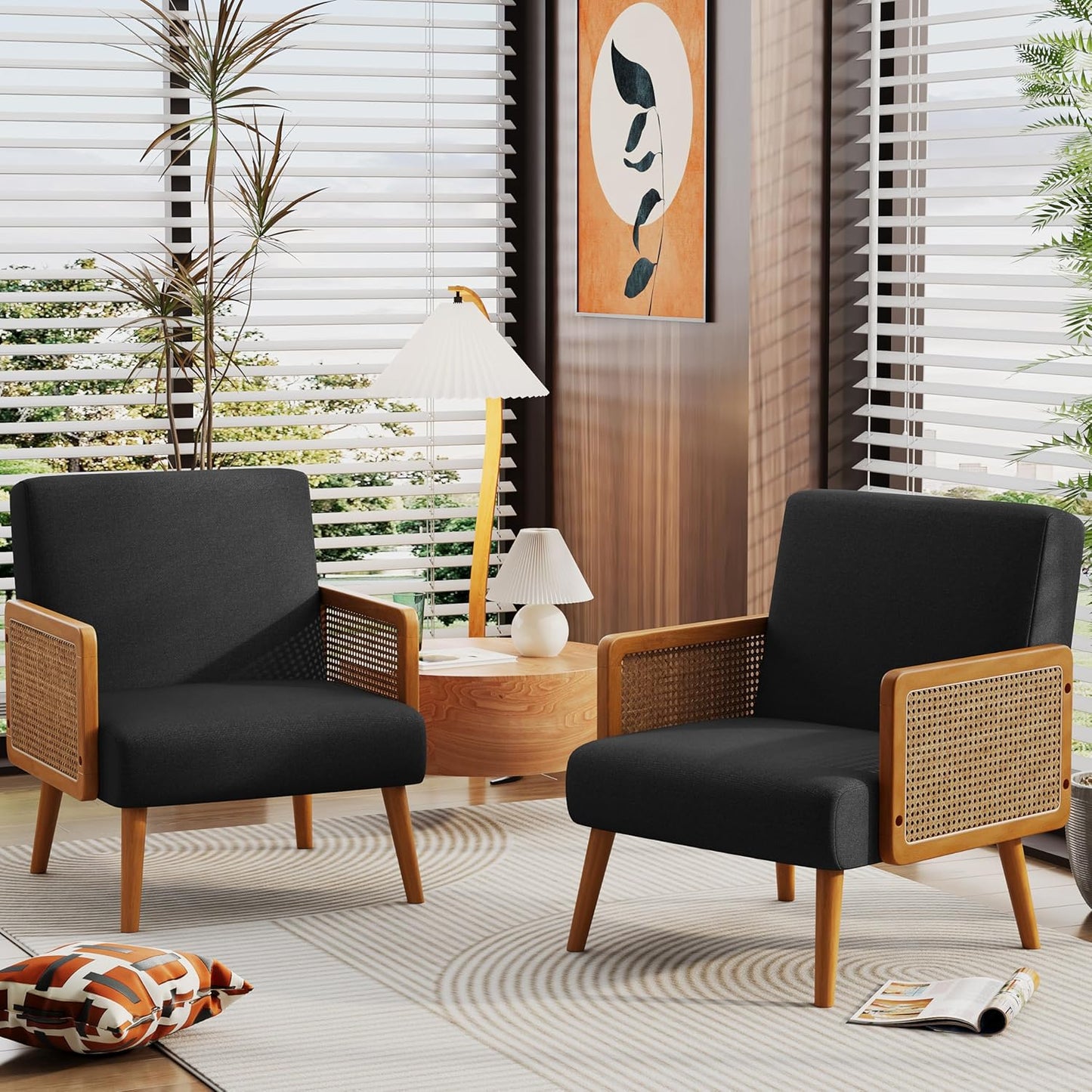 Yongqiang Orange Accent Chairs Set of 2, Natural Rattan Upholstered Arm Chairs for Bedroom Living Room Side Chairs Linen Comfy Reading Chair