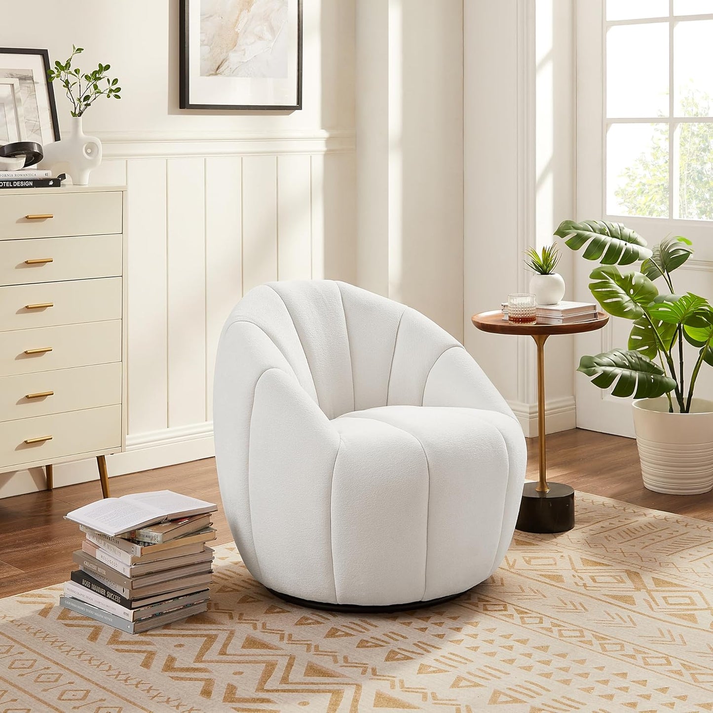 Art Leon Swivel Accent Chair, Modern Fabric Upholstered Barrel Chair, Round Comfy Armchair with Metal Base for Living Room Bedroom, Off White