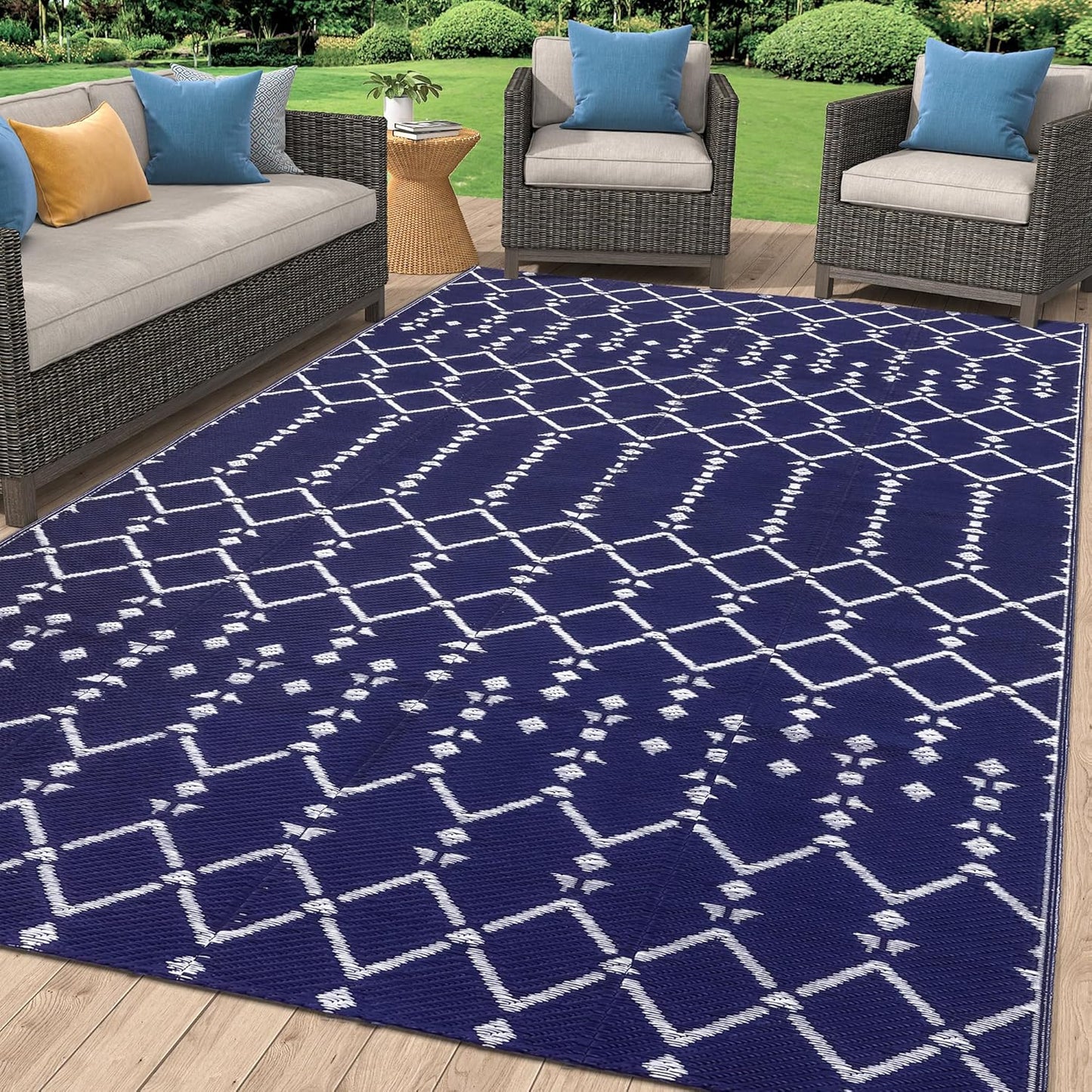 Smiry Waterproof Outdoor Rug 5x8 ft, Reversible Plastic Straw Patio Camping Rugs, Outdoor Indoor RV Mat Carpet for Patio, Outside Entry, Backyard, Deck, Bench, Picnic, Camper, Black & Beige