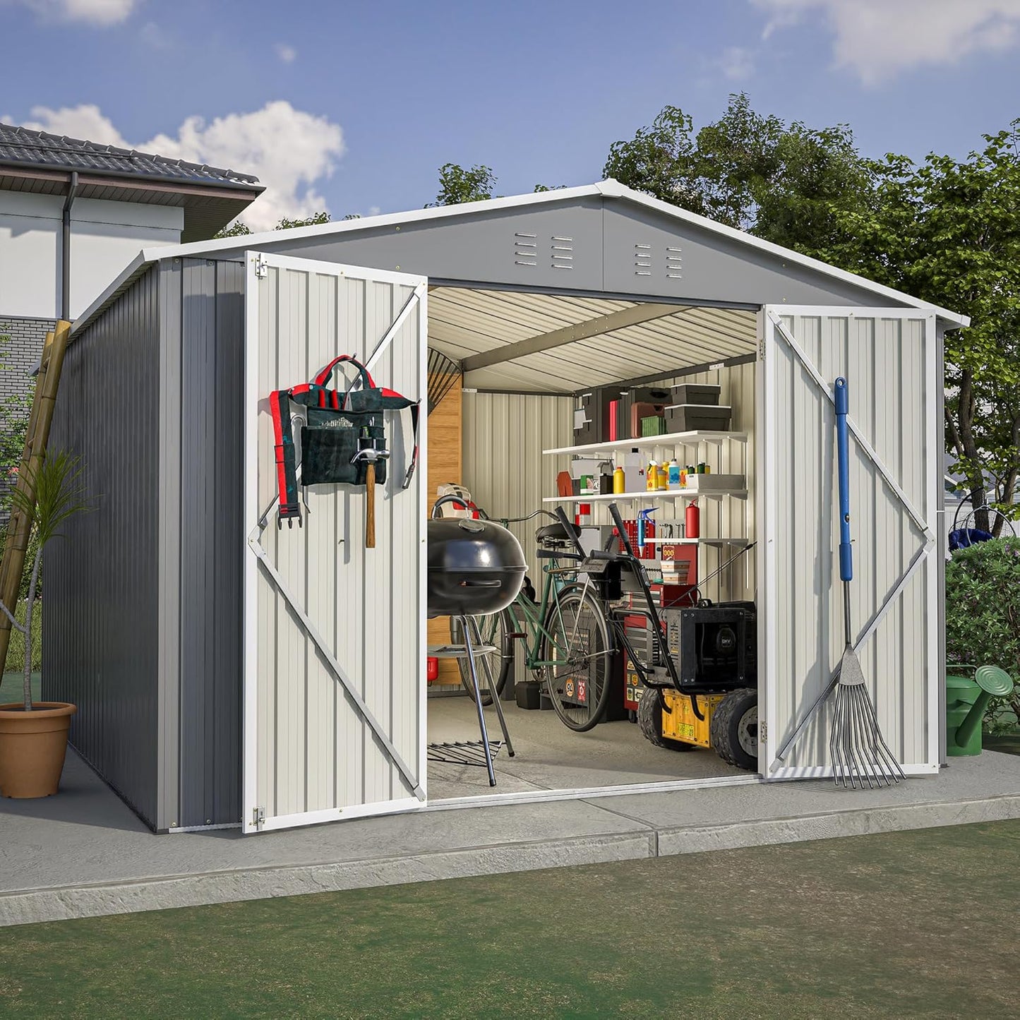 4×8 FT Outdoor Metal Storage Shed,Heavy-Duty Lean to Storage Shed with Floor Base,Garden Tool Metal Storage House W/Lockable Door and 2 Air Vents,Weather Resistant,for Backyard,Patio,Lawn,Black