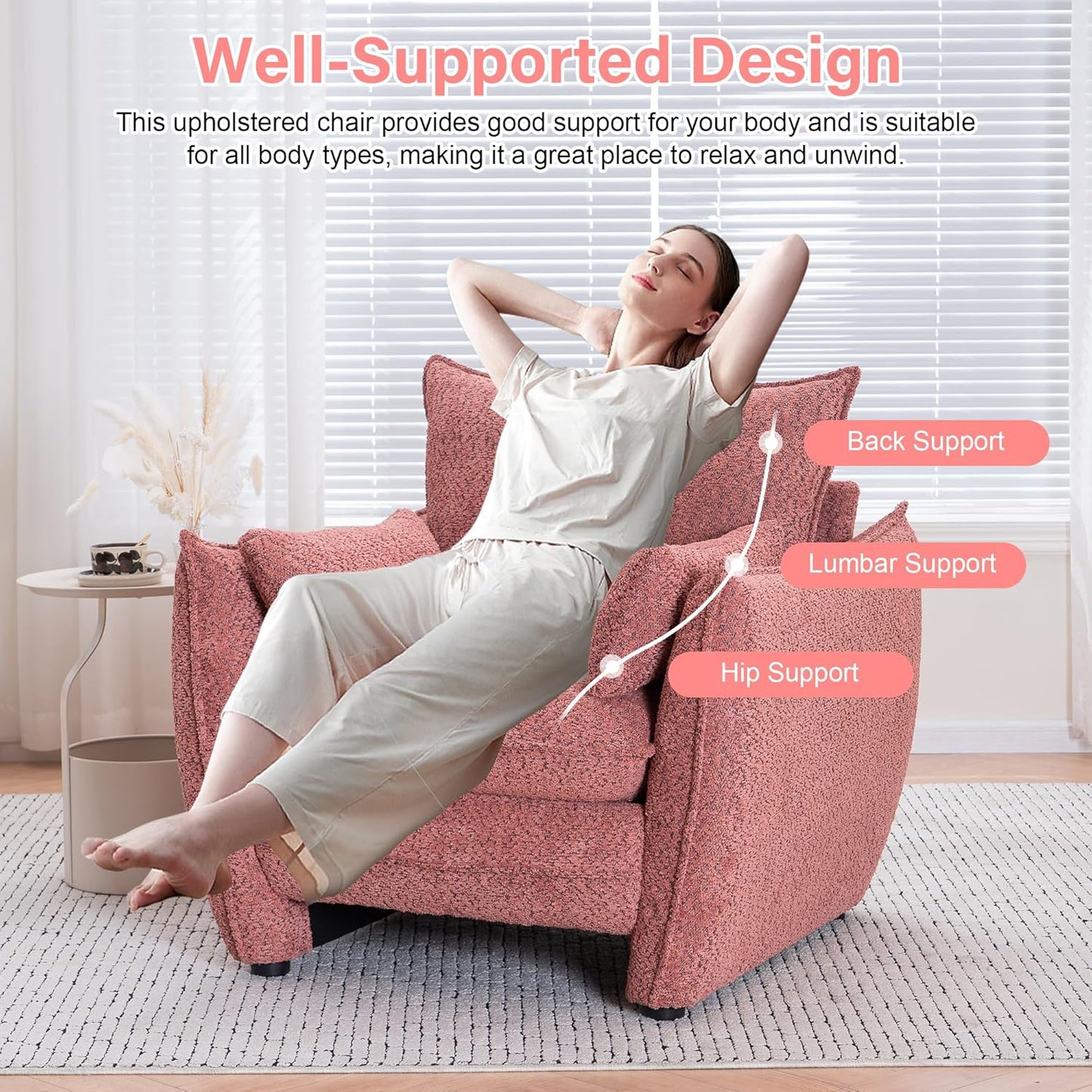 35.82" Upholstered Oversized Accent Chair Wide with Pillows, Chenille Deep Seat Reading Oversized Armchair Modern Comfy, for Living Room,Bedroom,Apartment,Office (Pink)