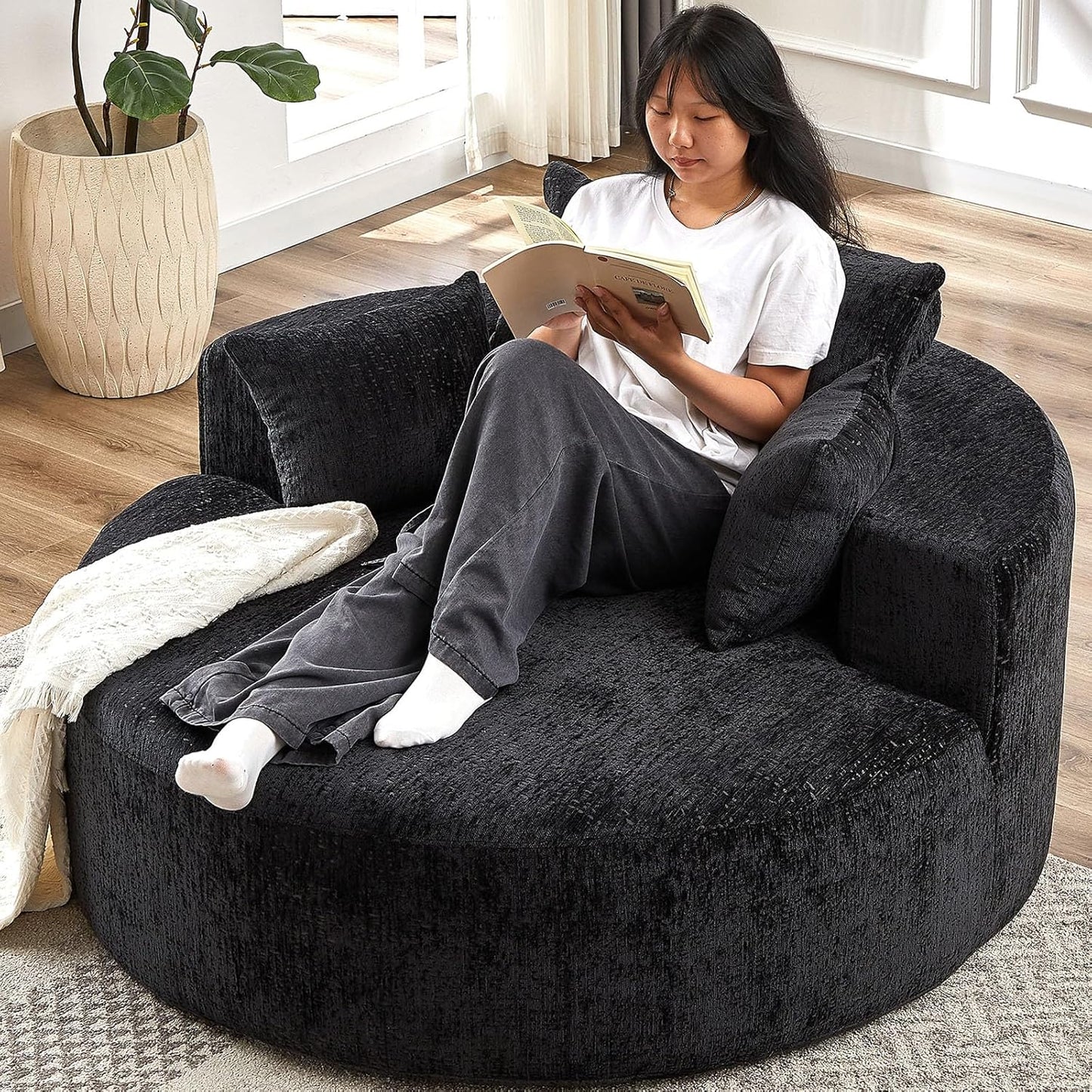 55" L Corduroy Sponge Single Sofa, Oversized Round Chair, Fluffy Modern Sleeper Chairs for Living Room, Lounge and Projection Room, Wide Armrest Lounge Chairs, Armchair with Pillow White