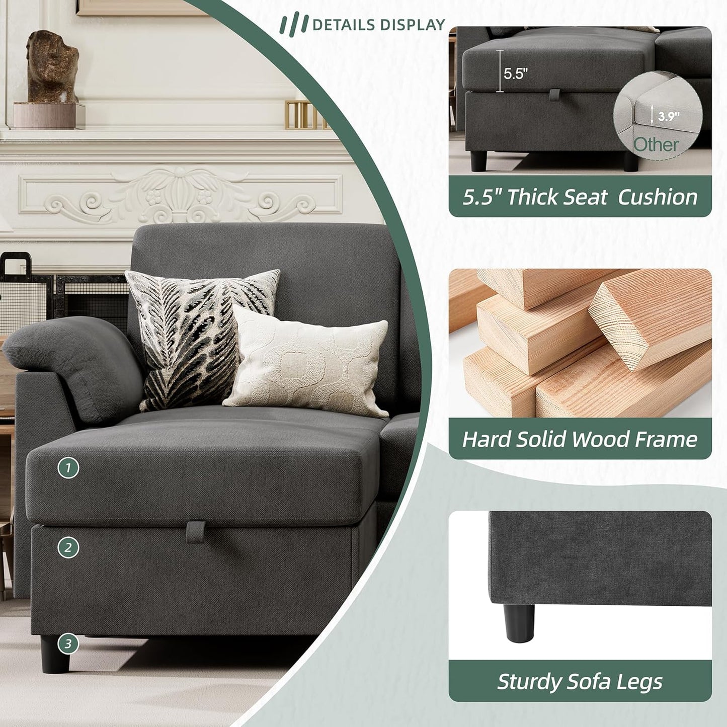 Vongrasig 79" Convertible Sectional Couch Sofa with Storage Ottoman, 3 Seat L Shaped Couch with Side Storage Pockage, Linen Fabric Small Couches for Living Room, Apartment and Small Space, Black