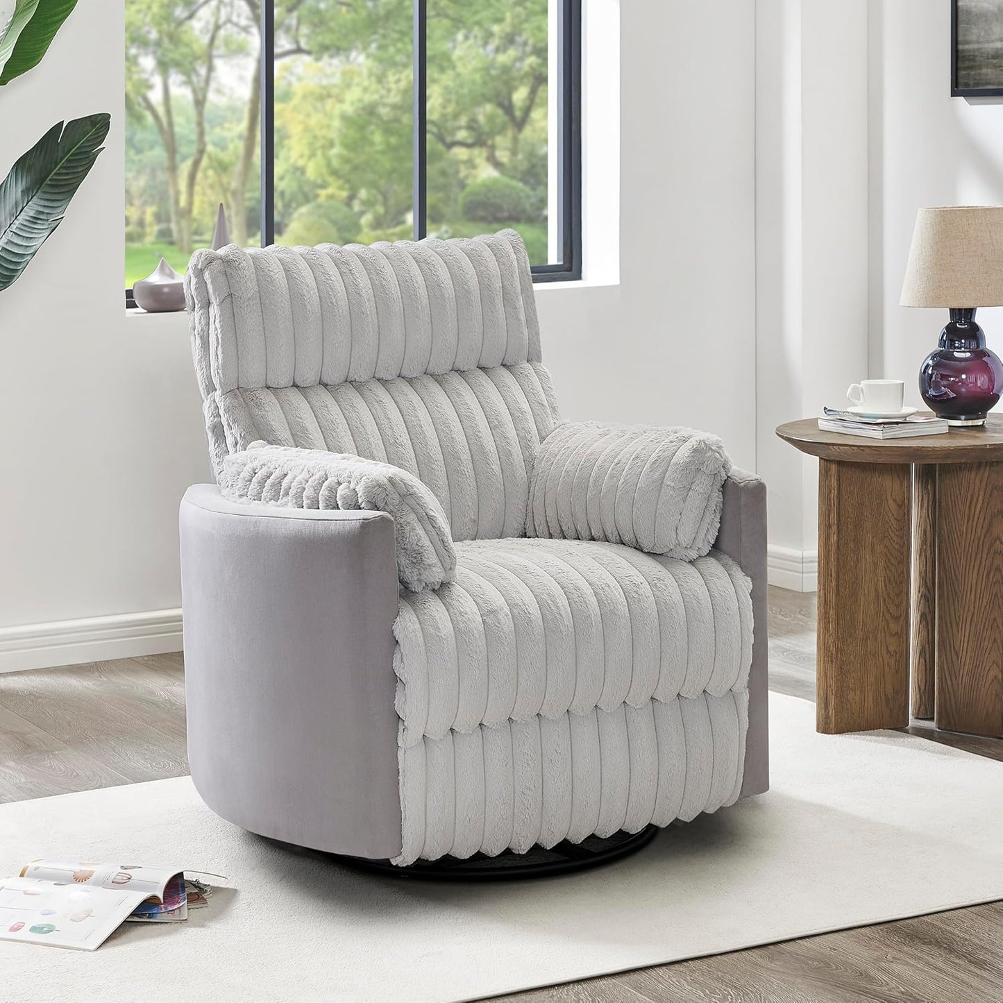 Swivel Recliner Chairs - Manual Recliner Chair with 360 Degree Rotation & Wide Wale Corduroy Design, Swivel Reclining Chair with Curved & Pillow-Top Arms, Corduroy Wide Recliner for Office (White)
