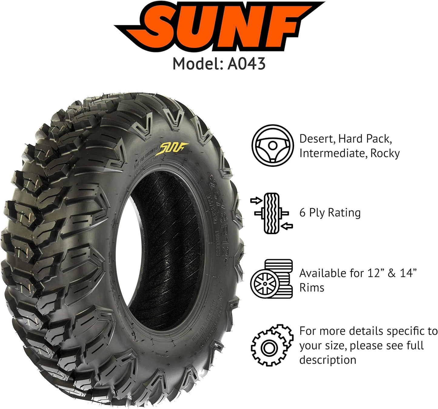 SunF 26x11R14 ATV UTV Tire 26x11x14 Loose Over Hardpack 6 PR A043 - PAIR of 2