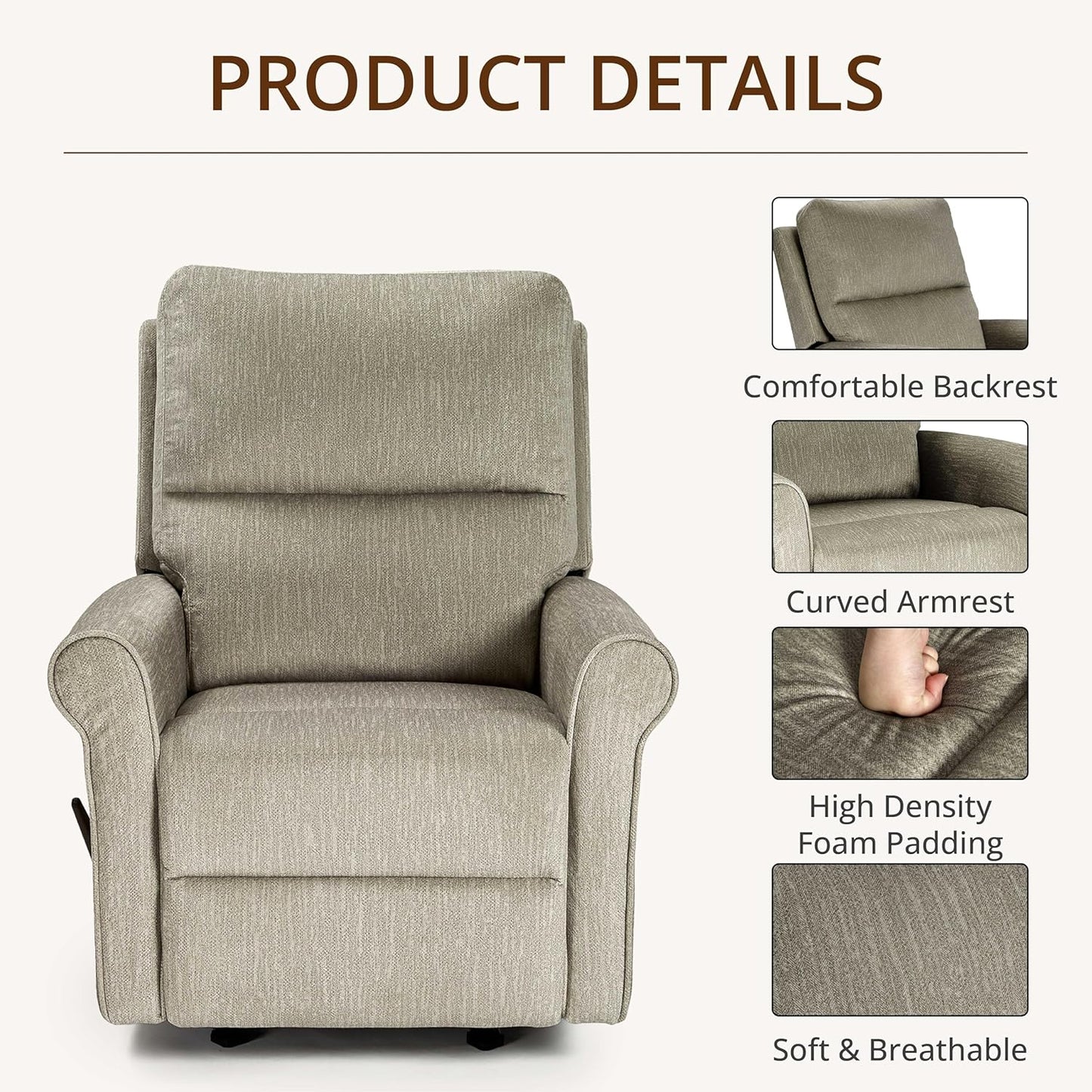 Swivel Rocker Recliner Chair, Manual Rocking Chair with Spring Cushion for Adults, Nursery Recliner with Overstuffed Backrest and Armrests for Living Room, Grey