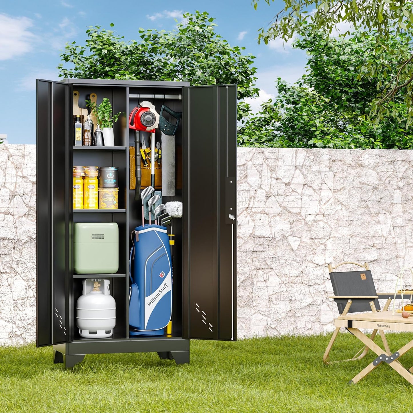 Storage Cabinets with Locking Doors,61" Tall Metal Cleaning Tool Cabinet,Broom Storage with Shelves for Laundry Room,Home Office (61" h Cabinet)