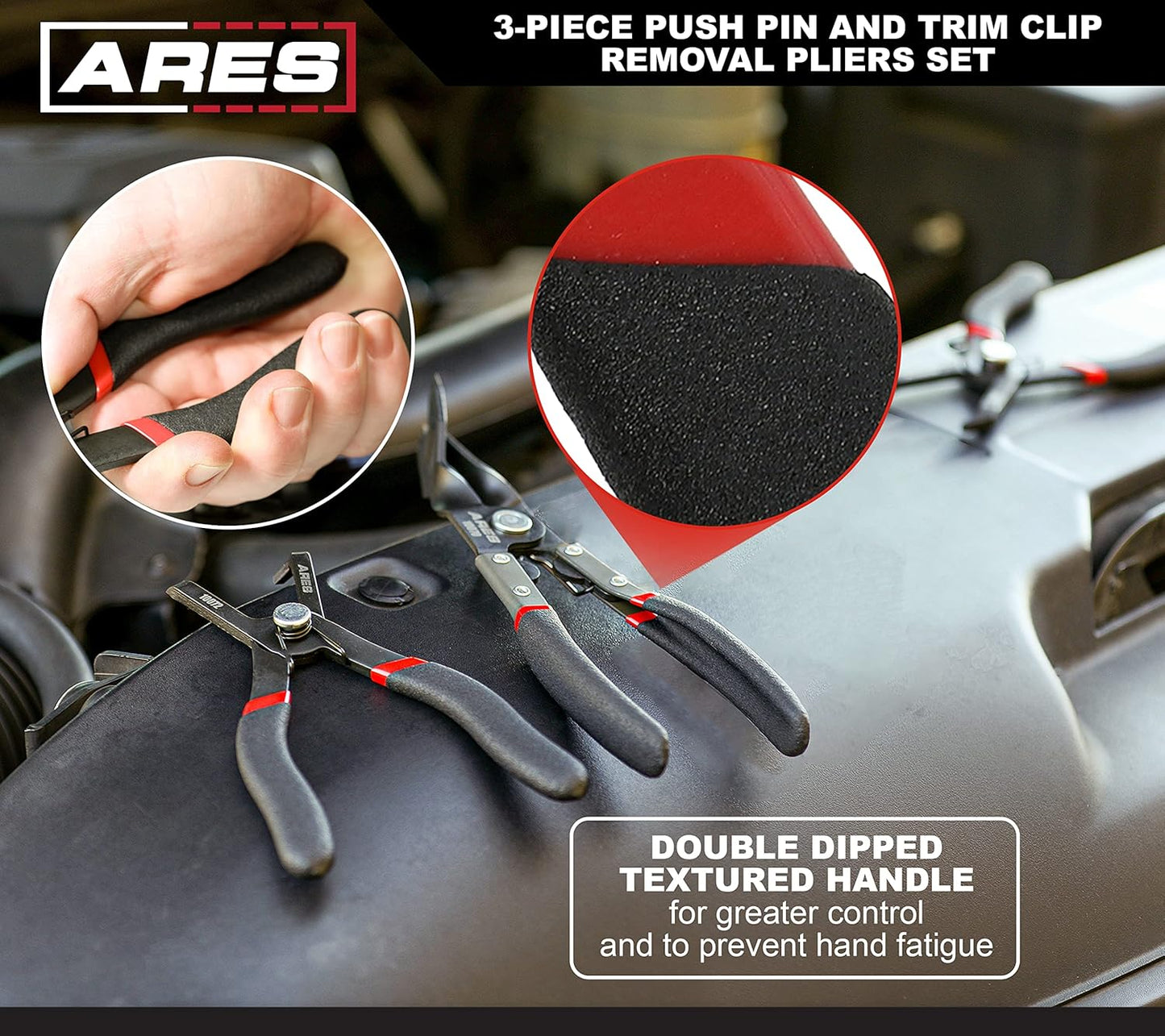 ARES 10074 – 3-Piece Push Pin and Trim Clip Removal Pliers Set – 30 Degree, 80 Degree, and Lift Action Pliers - Removes Push Pin and Press in Trim Clip Style Fasteners - Protects Trim and Fasteners