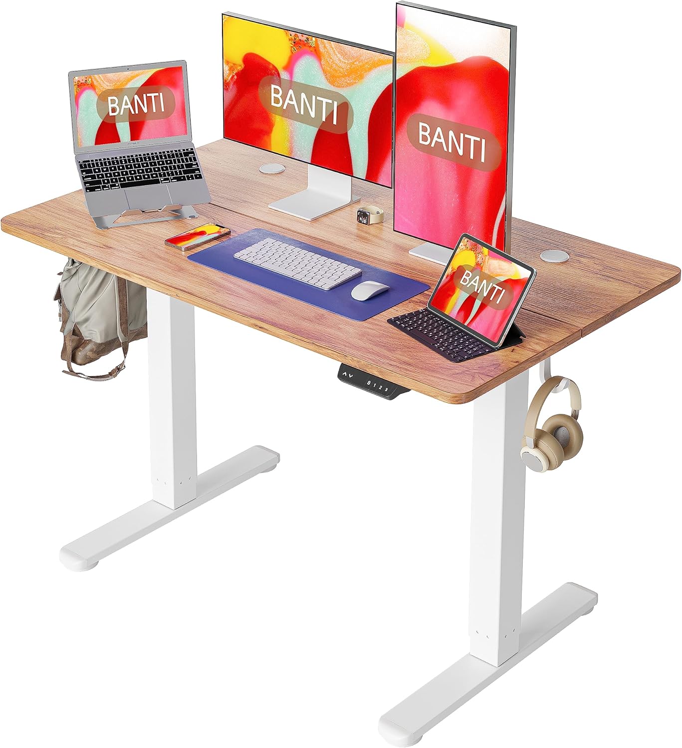 BANTI 55''x24''Height Adjustable Electric Standing Desk, Stand up Table, Sit Stand Home Office Desk with Splice Board, Rustic Brown Top