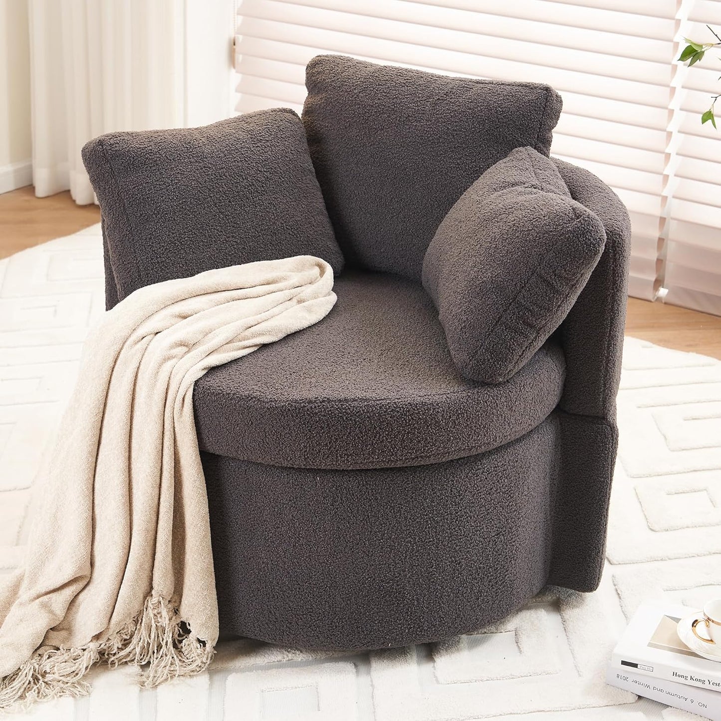 Swivel Accent Chair 360° Barrel Armchair with Storage, Modern Living Room Chair Upholstered Round Club Chair with Back Cushion, Teddy Fabric Comfy Chair for Bedroom Reading Room, Dark Grey