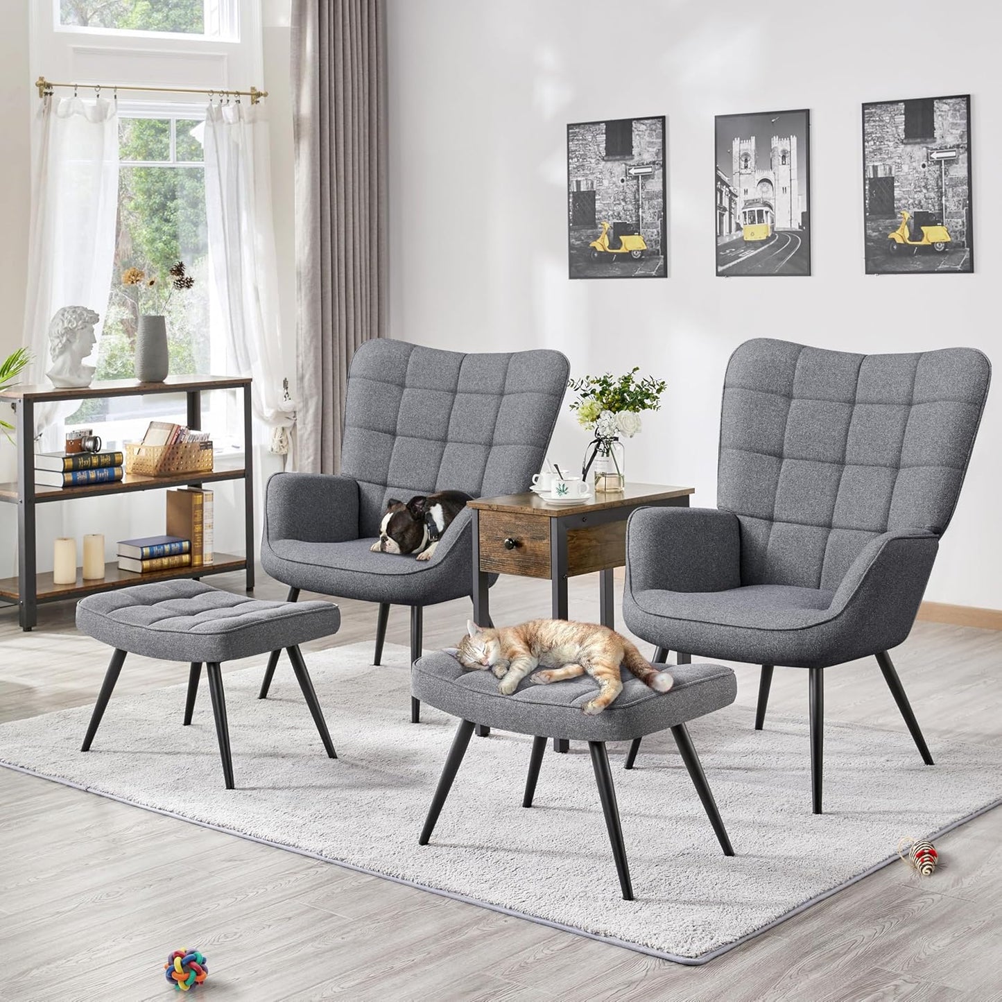 Topeakmart Accent Chair with Ottoman Set, Upholstered Living Room Chair Fabric Arm Chair with Foot Rest Sofa Chair and Ottoman Set for Living Room Bedroom Office, Grey, 2pcs