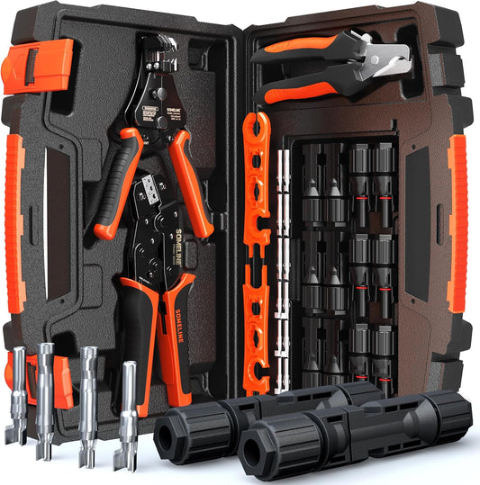 SOMELINE Solar Connector Crimping Tool Kit, 14-10 AWG Crimper for Solar Panel Cables Connectors, Toolbox Kit with 6 Pairs of Solar Connectors and Wrenches, Strippers, Crimpers and Cable Cutter