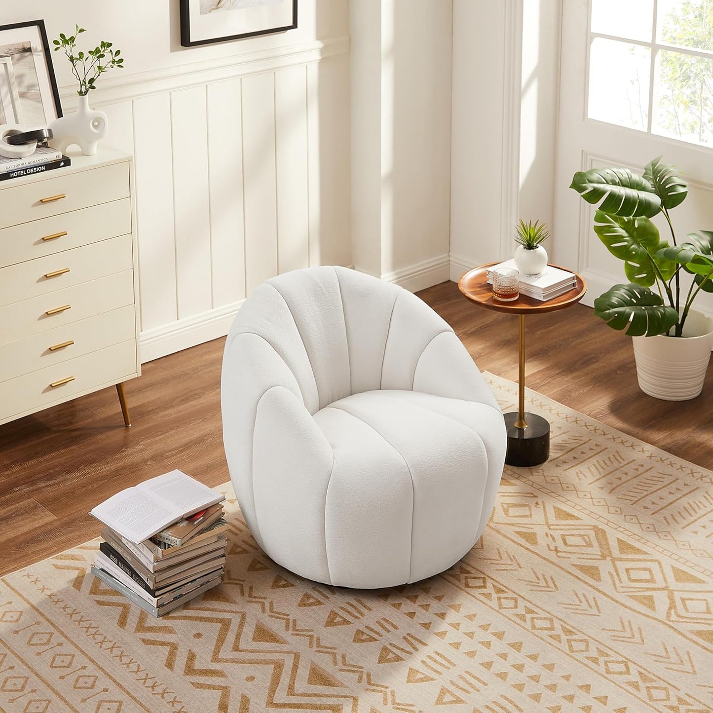 Art Leon Swivel Accent Chair, Modern Fabric Upholstered Barrel Chair, Round Comfy Armchair with Metal Base for Living Room Bedroom, Off White