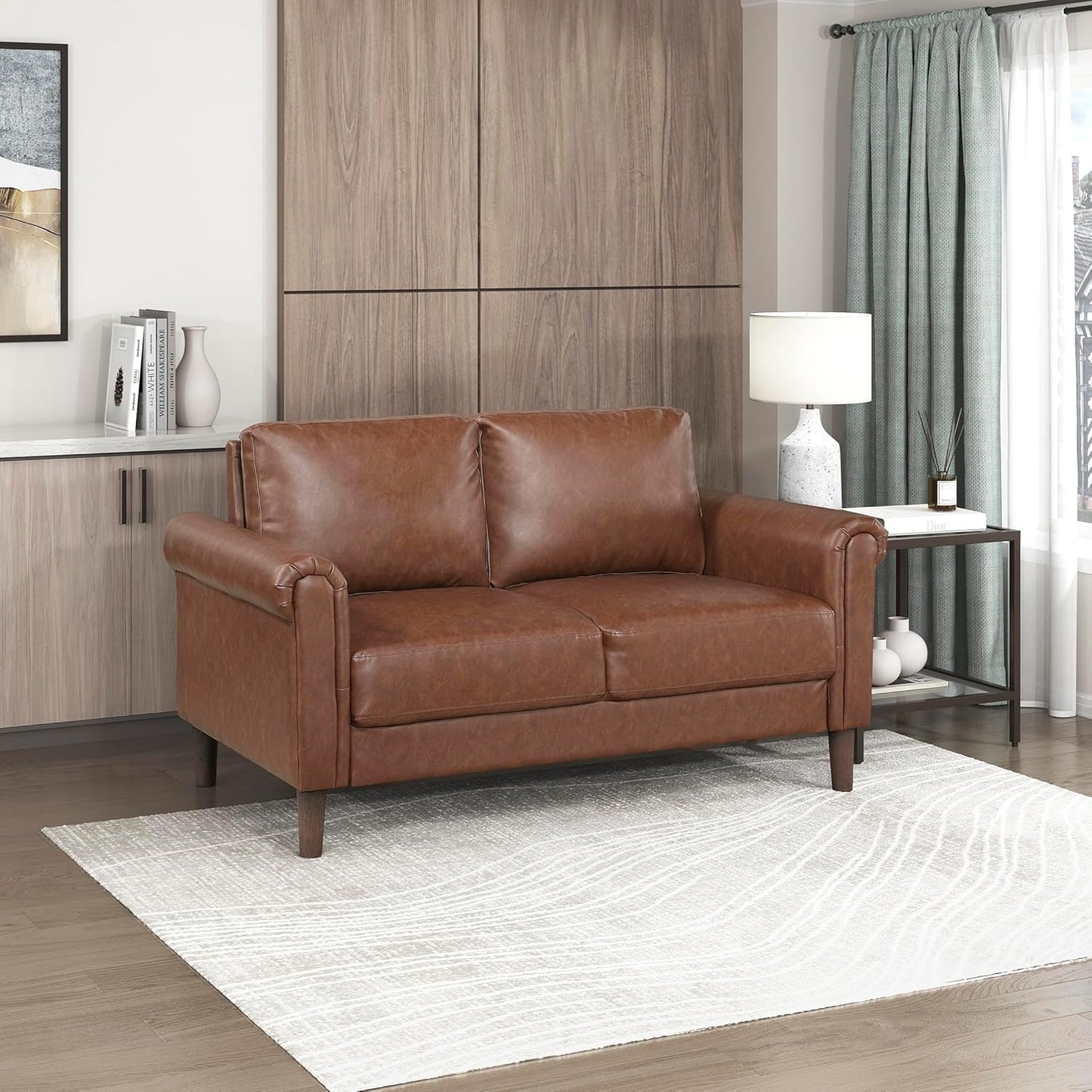 Lexicon 35" W Living Room Accent Chair, Faux Leather Upholstered Armchair with Rolled Arm for Bedroom/Office/Waiting Room, Single Sofa Chair, Chocolate