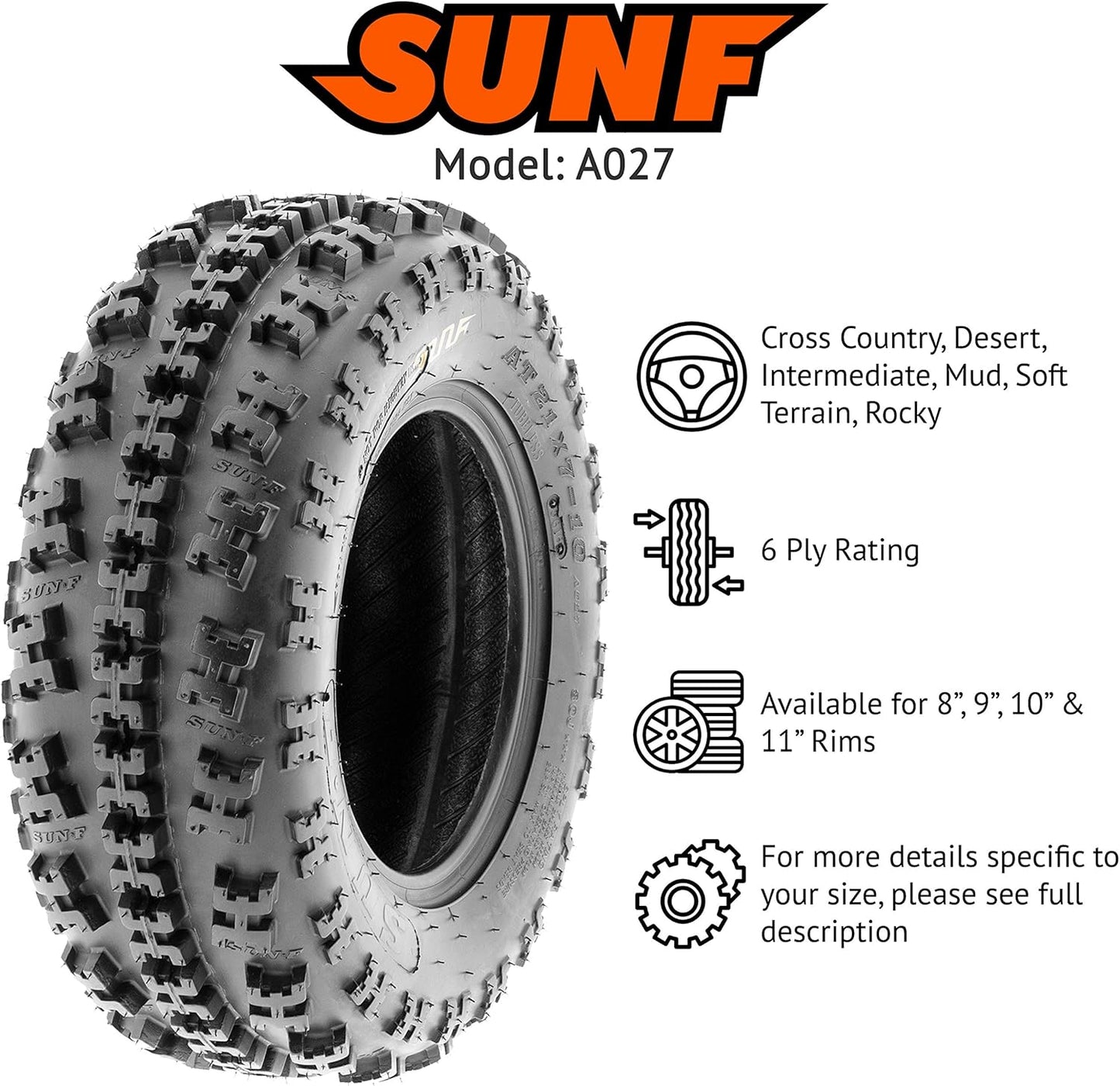 SunF 22x7-10 22x11-9 Sport Race ATV UTV Knobby Tire 6 PR A027 - BUNDLE