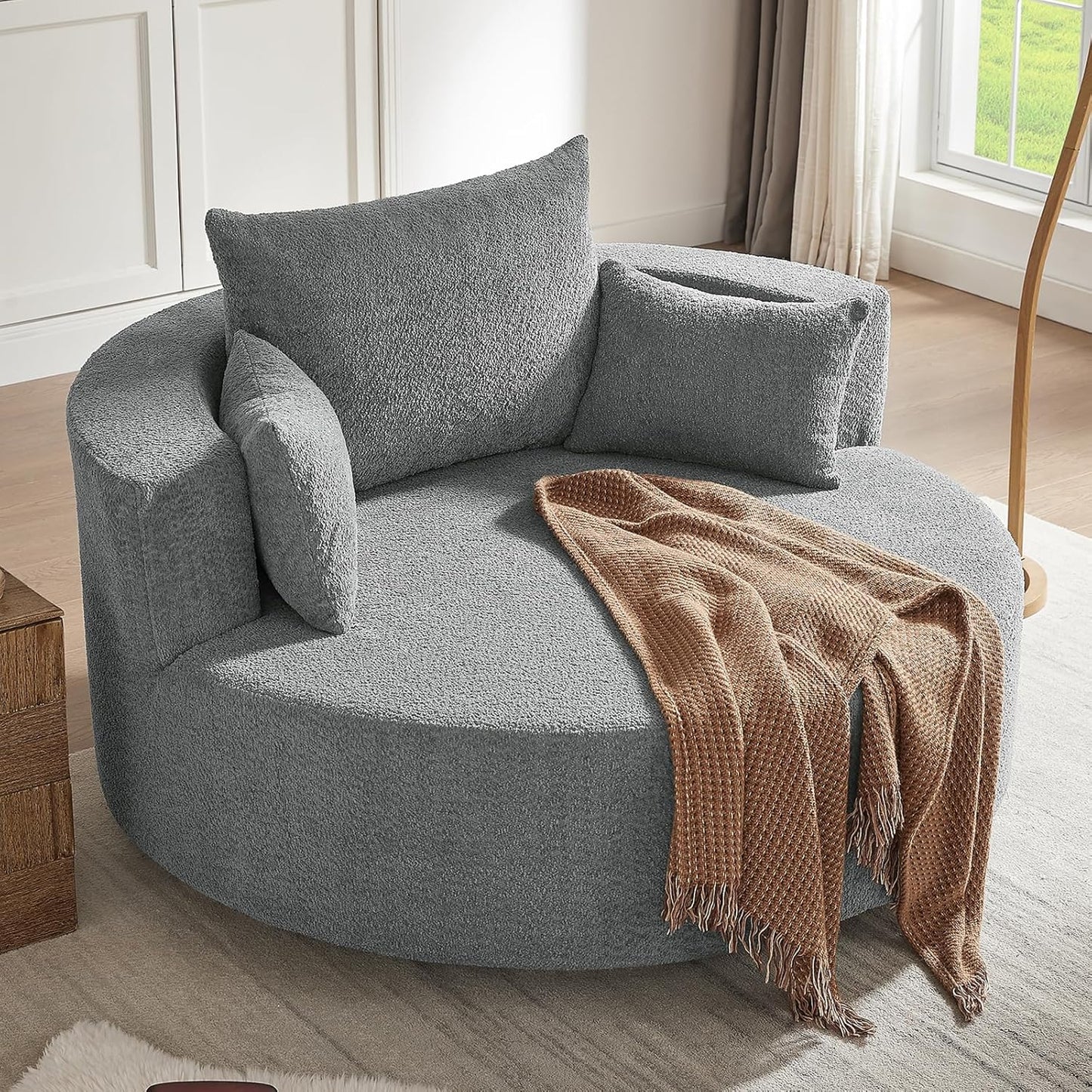 55.1” Oversized Round Swivel Barrel Chair, Large Upholstered Accent Sofa Chair with 3 Pillow, Comfy Chenille Cloud Circle Reading Chaise Lounge Indoor for Living Room, Bedroom,Apartment,Green