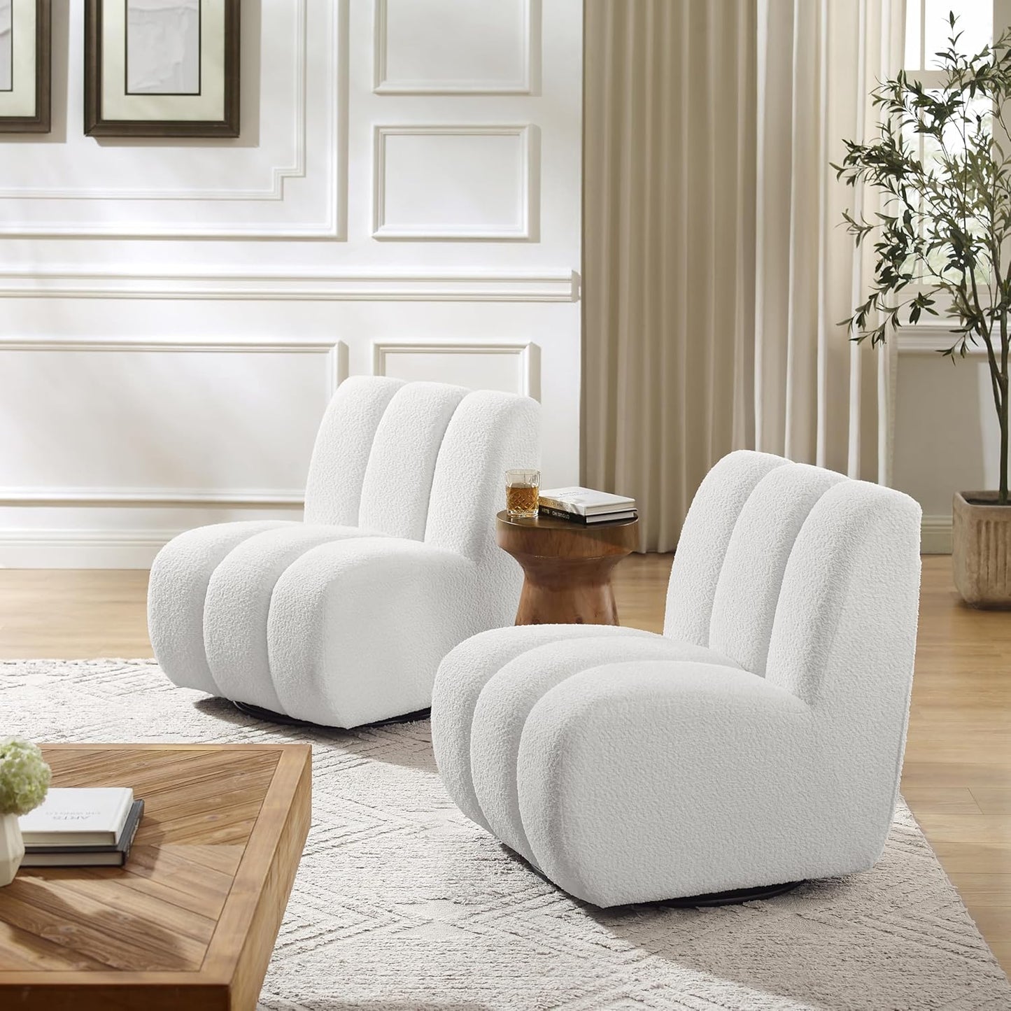 Art Leon Armless Accent Chair - Sherpa Fabric Upholstered Swivel Chair, Single Sofa Chair with Metal Base for Living Room Bedroom, Off White